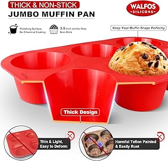 Walfos Silicone Texas Muffin Pan - 6 Cup Jumbo Silicone Cupcake Pan, Non-Stick Silicone, Just PoP Out! Perfect for Egg Muffin, Big Cupcake - BPA Free and Dishwasher Safe