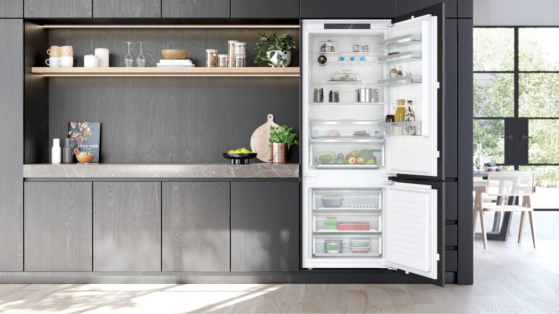 Siemens KB96NVFE0 iQ300 inteligentna lodówko-zamrażarka do zabudowy, zawias płaski, 193,5 x 70,8 cm, chłodzenie 285 l + zamrażanie 98 l, funkcja NoFrost, światło LED, półki z bezpiecznego szkła,