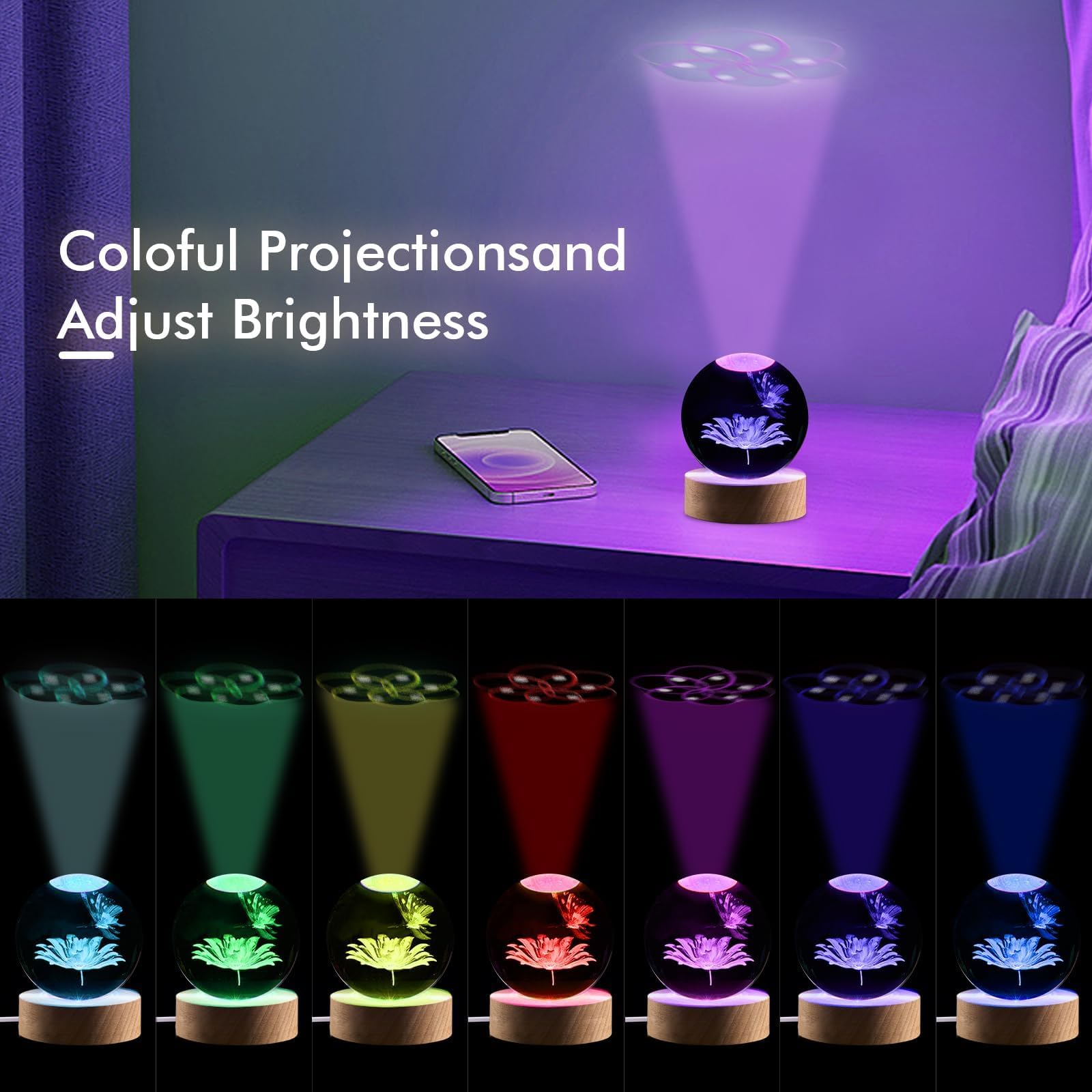 Lampada Notturna USB con Sfera di Cristallo 3D, Base in Legno, Decorazione Luminosa del Sistema Solare, Luci Notturne LED per Arredamento Casa