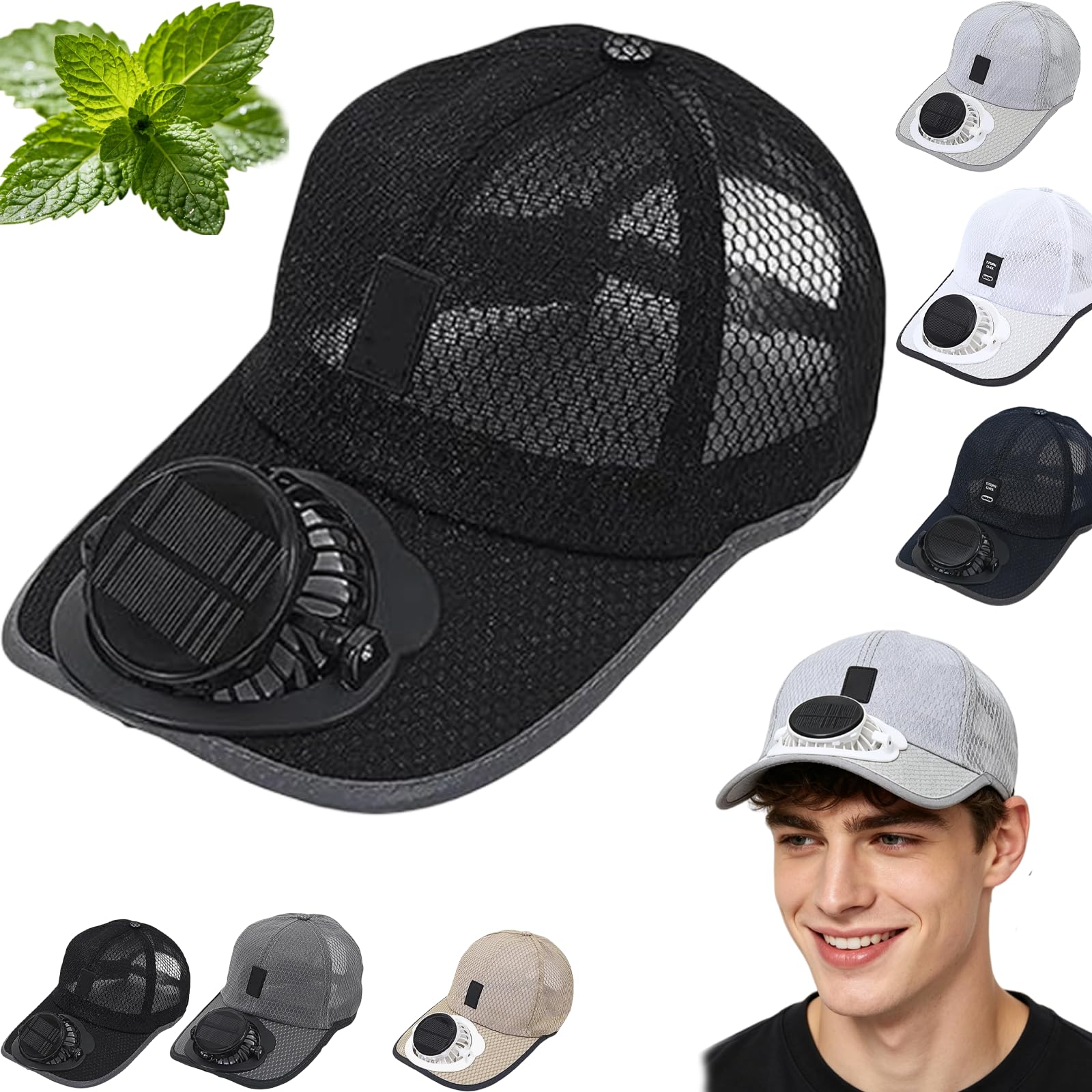 Uirpk Black Cap With Fan, Solar Fan Cap,Solar Fan Cap For Outdoor Adventures,Solar Rechargeable Peak Cap, Usb & Solar Powered Breathable Fan Cap Breathable Sun Hat Baseball Cap (Black)
