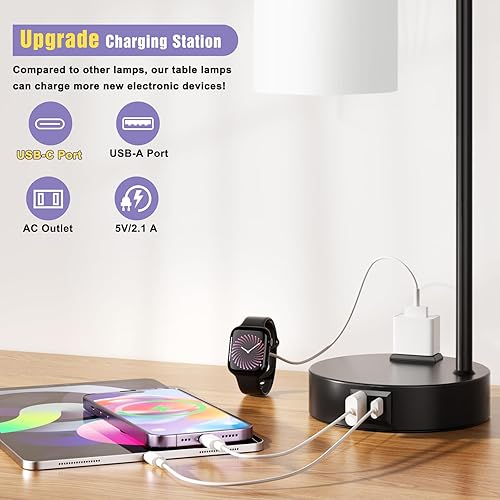 Miniatura 3 de Juego de 2 lámparas de noche industriales táctiles para dormitorio, lámparas de mesa regulables de 3 vías con puertos USB C+A y tomacorriente,