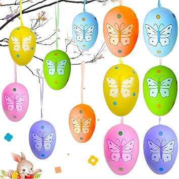12 Pcs Easter Eggs Hanging Ornaments,Easter Tree Decorations,Plastic Decorative Eggs,Semana Santa Ornaments with Rope for Crafts Holiday Party Supplies