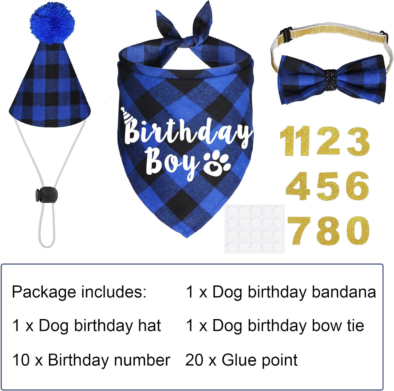 JOTFA Plaid Dog Party Supplies. Birthday Boy Bandanas, Hat, Bow Tie, Number for Small Medium, Large Dogs, Blue - Image 4