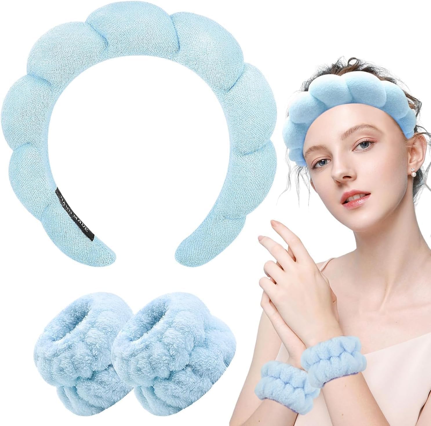 Soft Sponge Spa Headband and Wristband Combo Set for Makeup, Facial & Cleansing| Spa Headband and Wristband Set, Soft Cloud Makeup Headband with Facial Wash Bands (Blue)-image-18