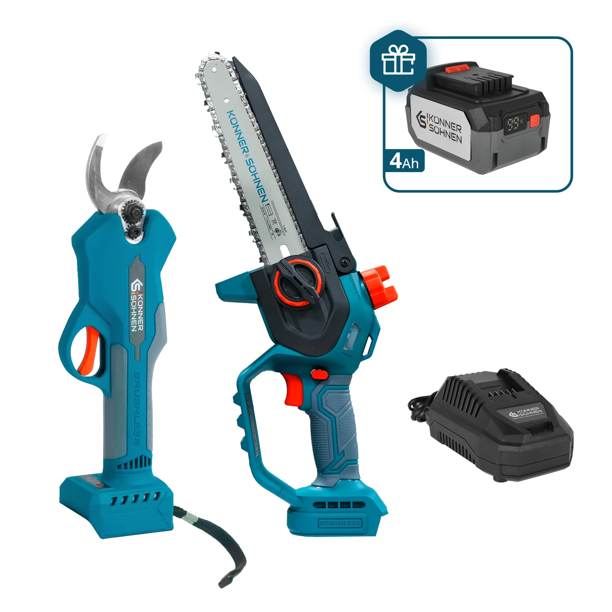 K&S Könner&Söhnen KS MCS-CSP - Kit para podar ramas y arbustos KS CPS20V-32 - Cortador de ramas + Mini motosierra KS MCS20V-8 + Cargador KS C45A + Batería KS 20V4-1 como regalo