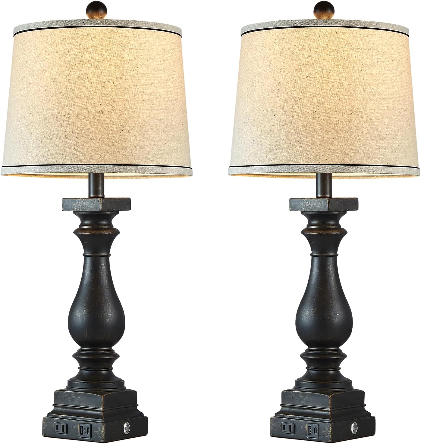 28" Tall Farmhouse Table Lamps with USB C+A Ports and AC Outlet, 3 Way Touch Control Rustic Bedside Lamps for Bedroom, Black Vintage Nightstand Lamps for Living Room Office