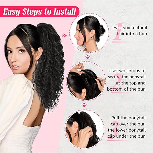 Miniatura 5 de Extensión de cola de caballo con cordón, cabello largo multicapa, esponjoso, grueso, largo, ondulado, rizado, con clip, extensiones de cabello