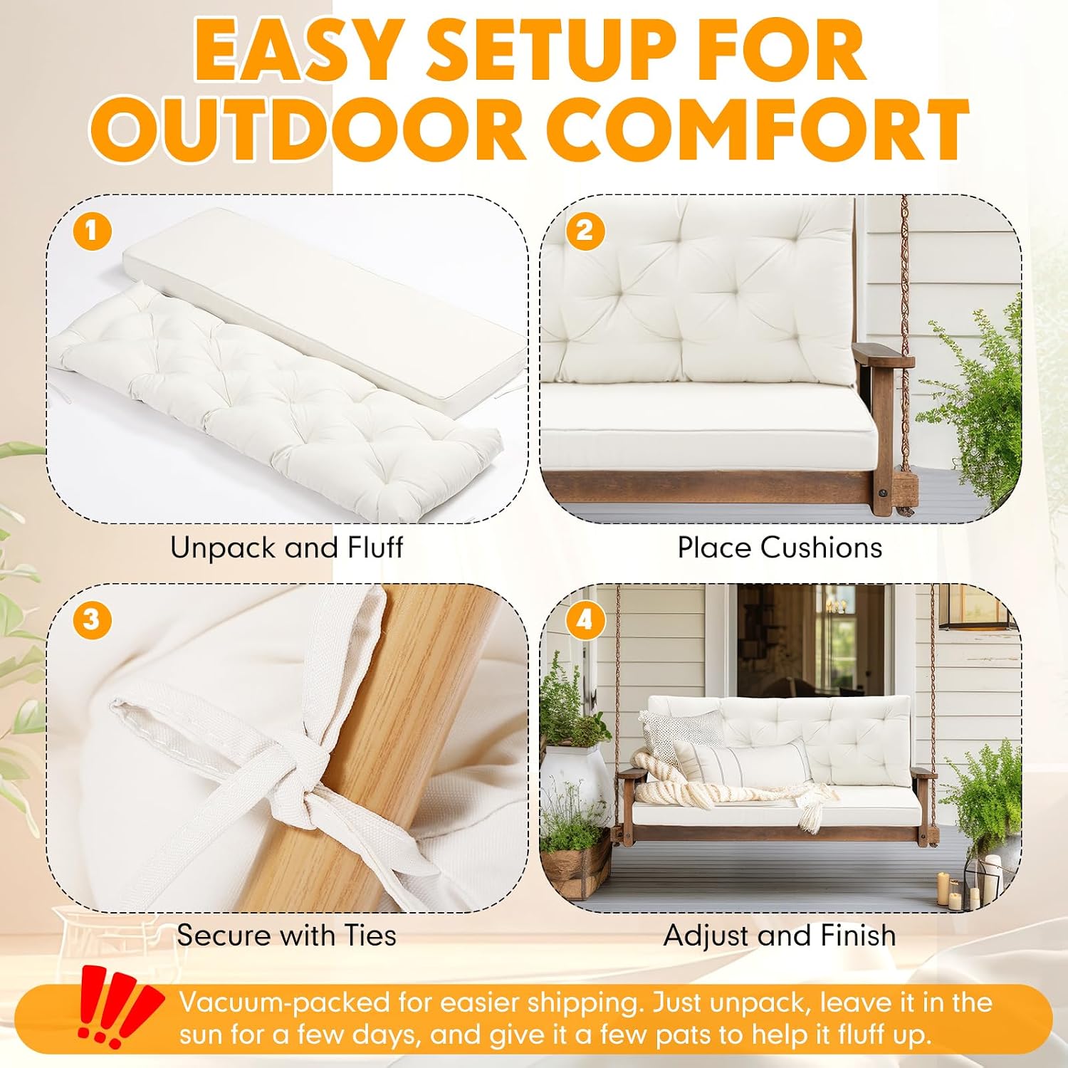 Wenqik 2-3 Seater Porch Swing Cushions with Backrest 60 x 40 x 4 Inch Thick Outdoor Waterproof Bench Pad Patio Swing Replacement Cushion, Split Design, Soft for Garden, Lawn, Backyard(Natural White)
