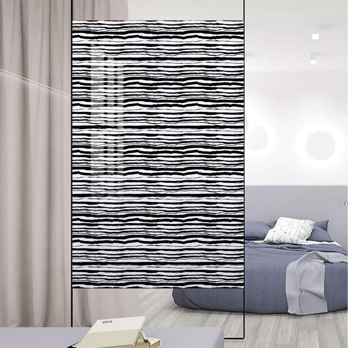 Black White Window Sticker Non-Adhesive Glass Film Abstract Ink Striped Pattern Stained Glass Film Frosted Privacy Window Film Geometric 31.5Wx62.9L-inch