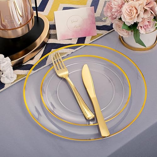 Miniatura 4 de Rubtlamp 140 platos de plástico, platos desechables transparentes con borde dorado, vajilla de fiesta transparente dorada que incluye 20 platos de