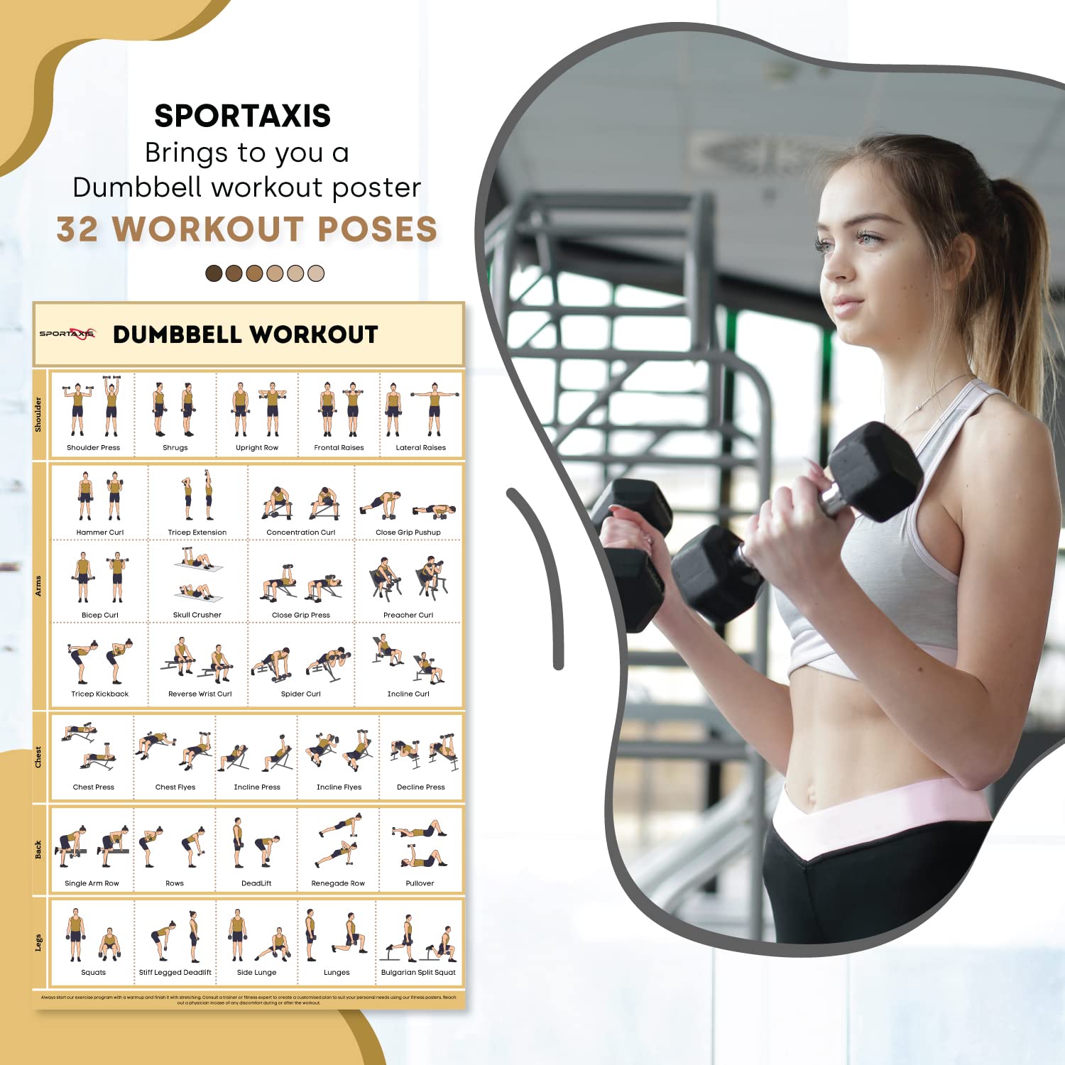 SPORTAXIS- No-Equipment Laminated Dumbbell Workout Poster with Colored Illustrations- Home Workout Poster for Men and Women - Advanced Home Training Wall Poster