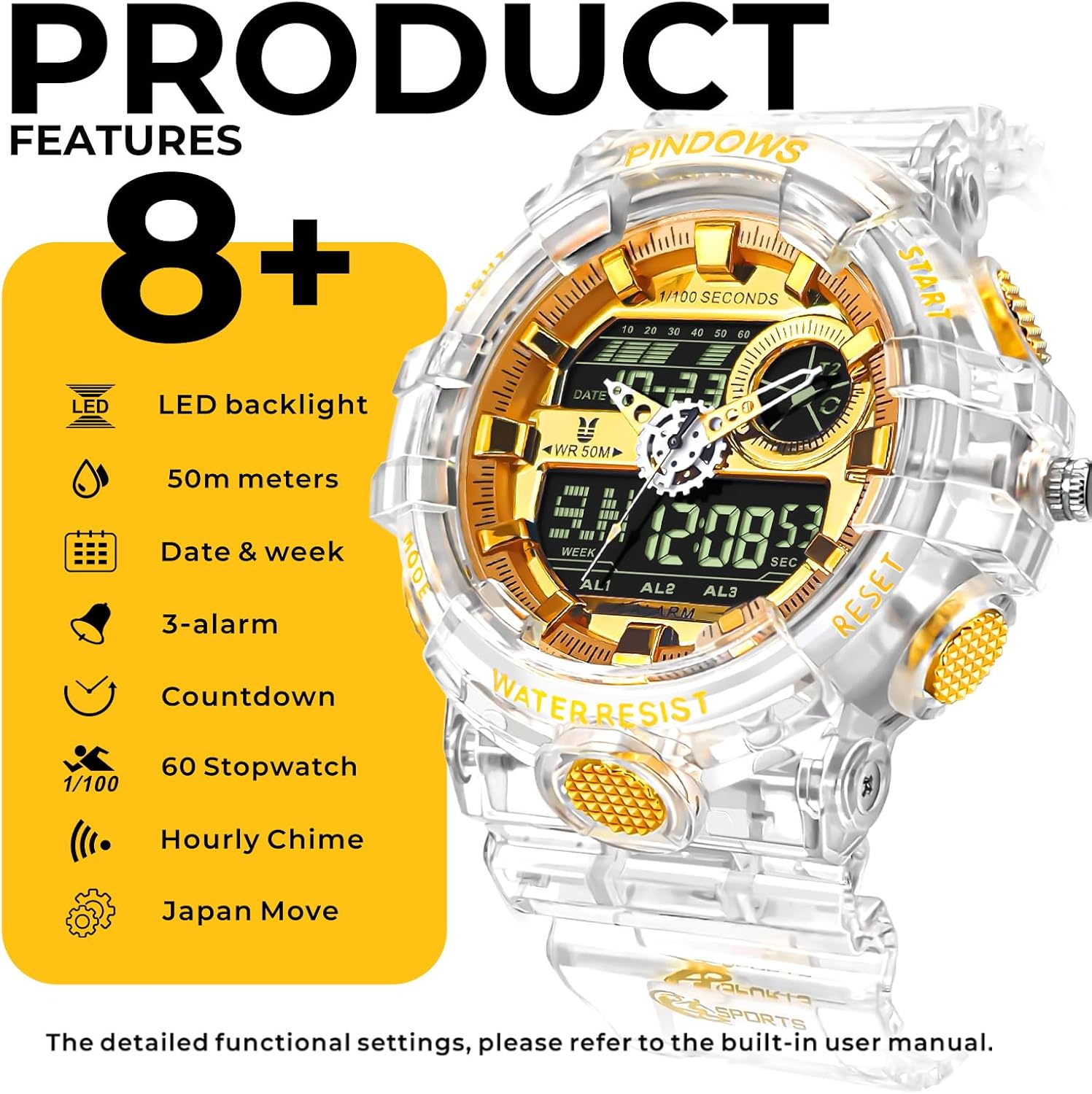 PINDOWS Watch for Men, 50M Waterproof Analog Digital Watches Watch Outdoor Sports Electronic Watch Date Multi-Function LED Alarm Stopwatch. - Image 6