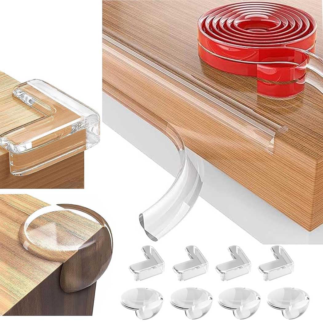 Baby Proofing Edge and Corner Protector Set, 4M Clear Soft Silicone Safety Corner Guards with 4 Round Corners and 4 L-Shaped Corners, Strong Adhesive Edge Guard Strip for Furniture, Cabinets, Tables
