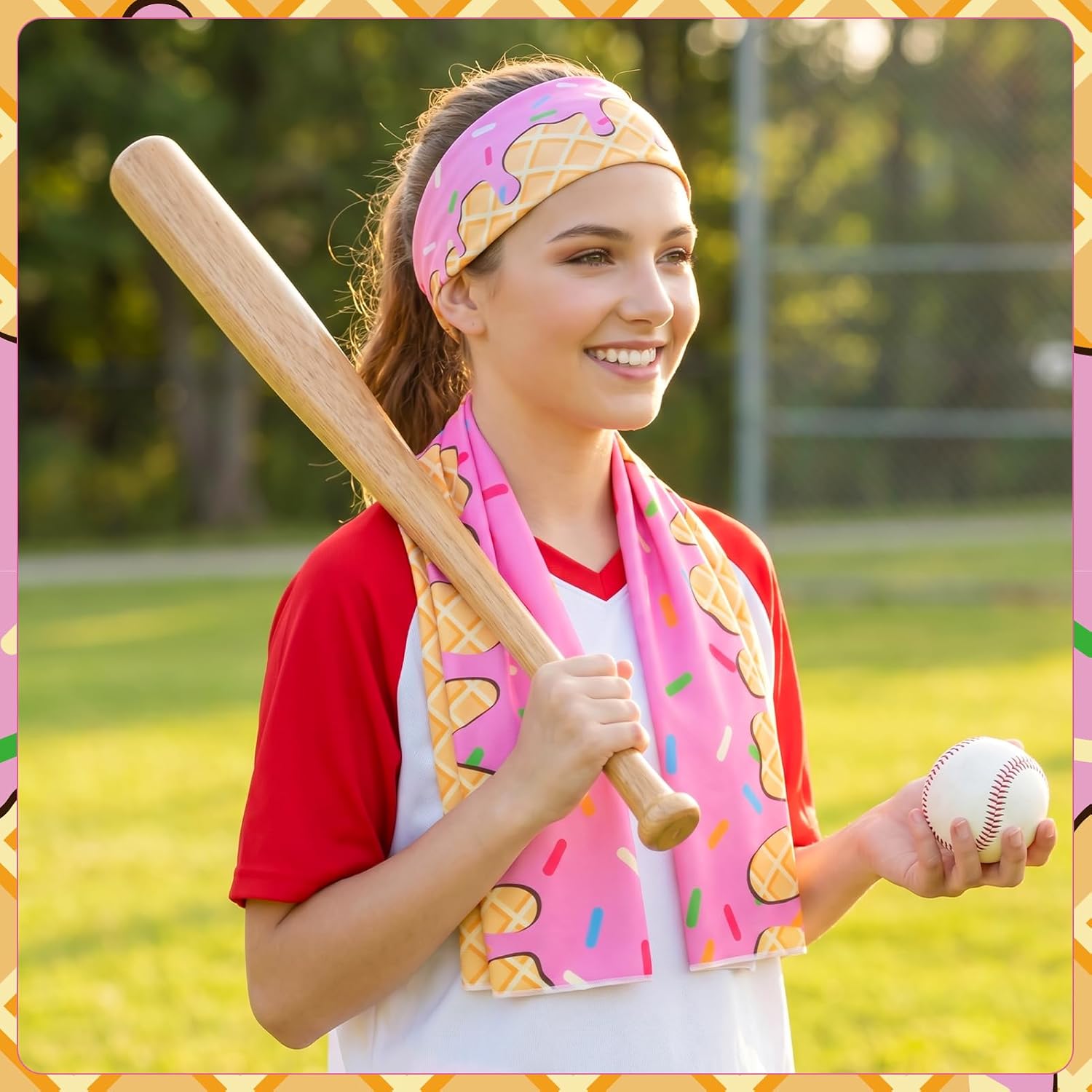 3 Set/6 Pcs Ice Cream Baseball Headbands and Baseball Drip Cooling Towels Sports Elastic Sweatbands for Youth Teen Adult Athletes Coach Team Appreciation Gifts Sport Party Favors