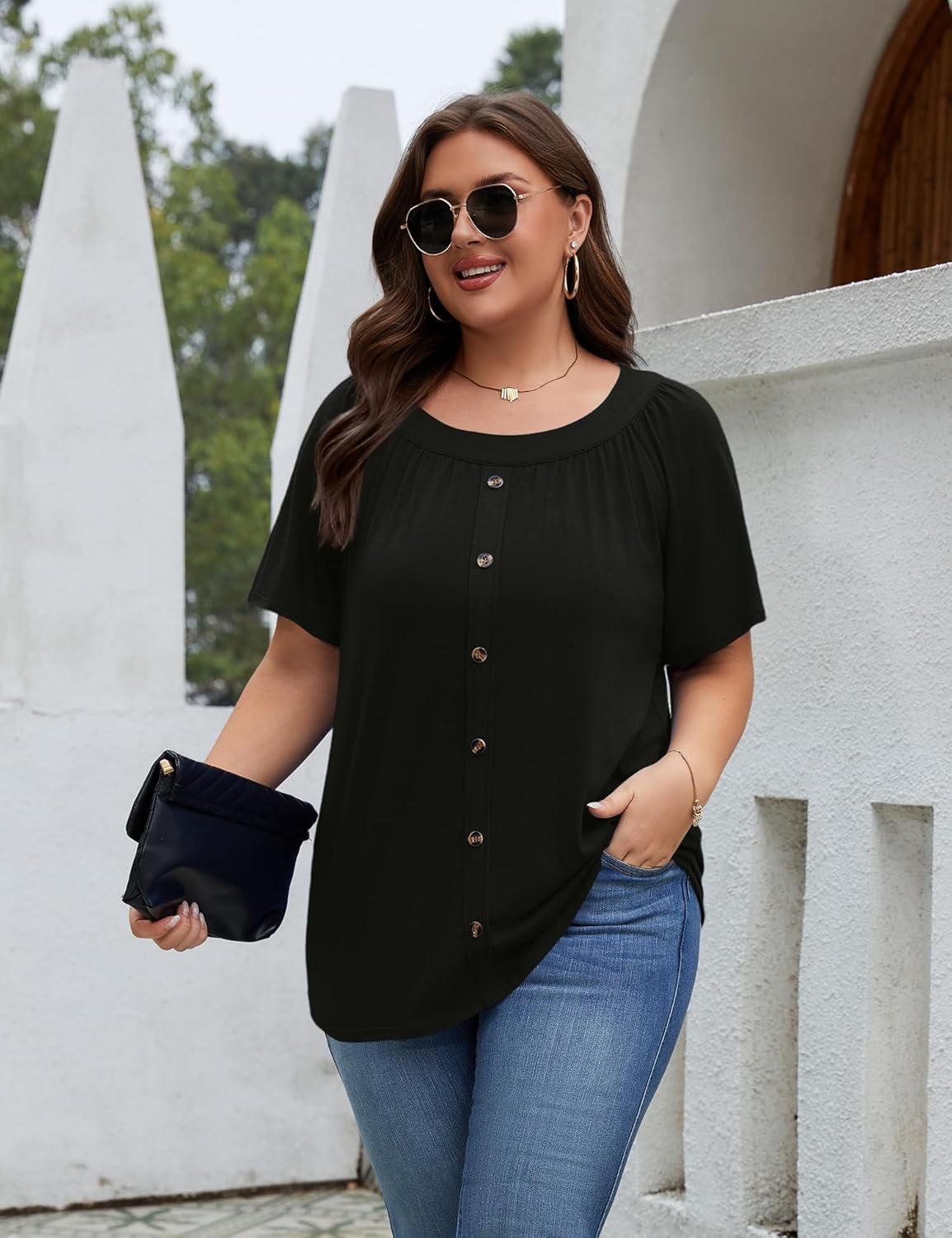 AKEWEI Womens Plus Size Tops 2026 Summer Short Sleeve Pleated Shirts Crew Neck Casual Loose Blouses Tunic XL-5XL - Image 4