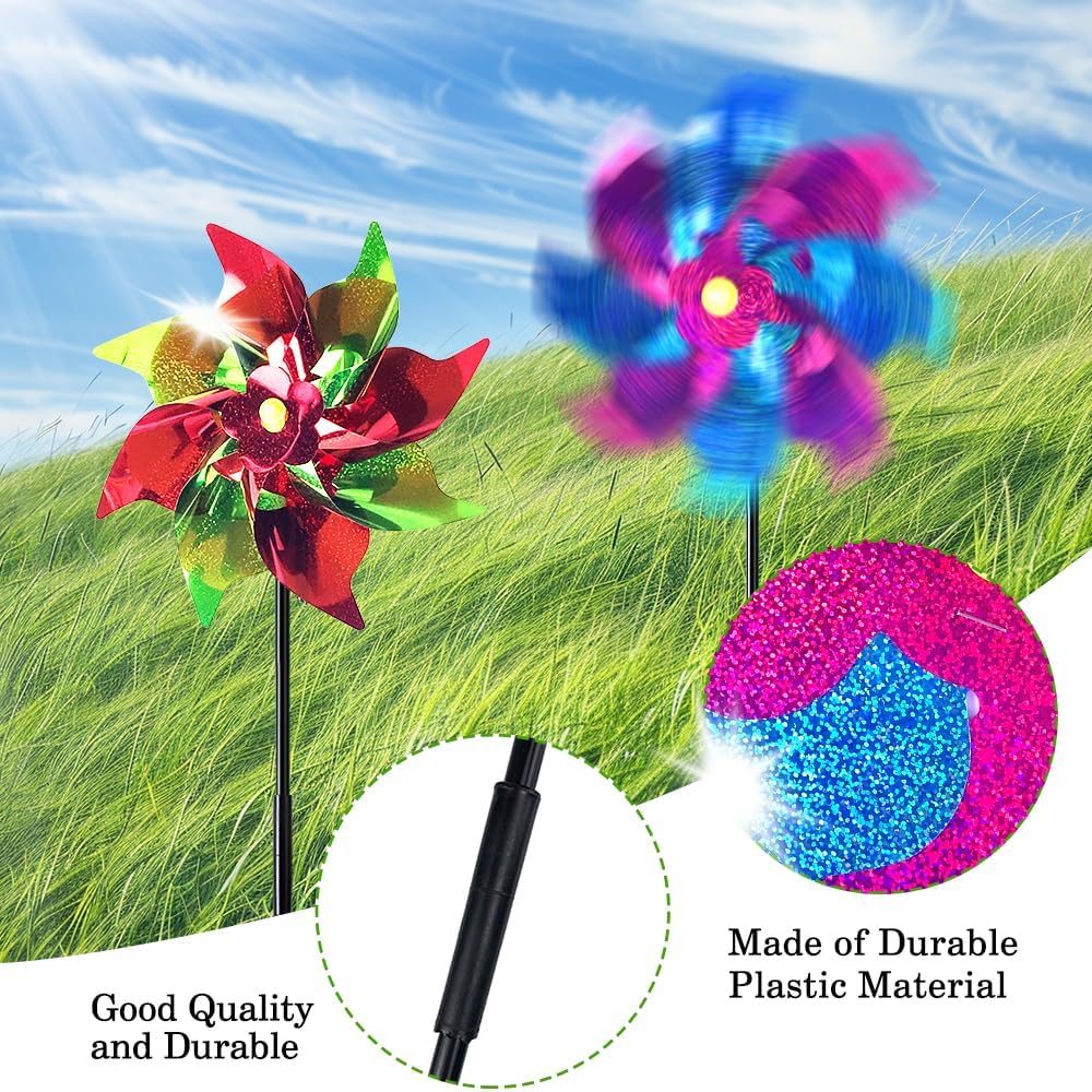 10 Pack Garden Pinwheels with Plastic Stakes | 20 inch Sparkle Pin Wheel Set to Scare Off Birds and Animals Away | Great Pinwheels for Yard and Garden