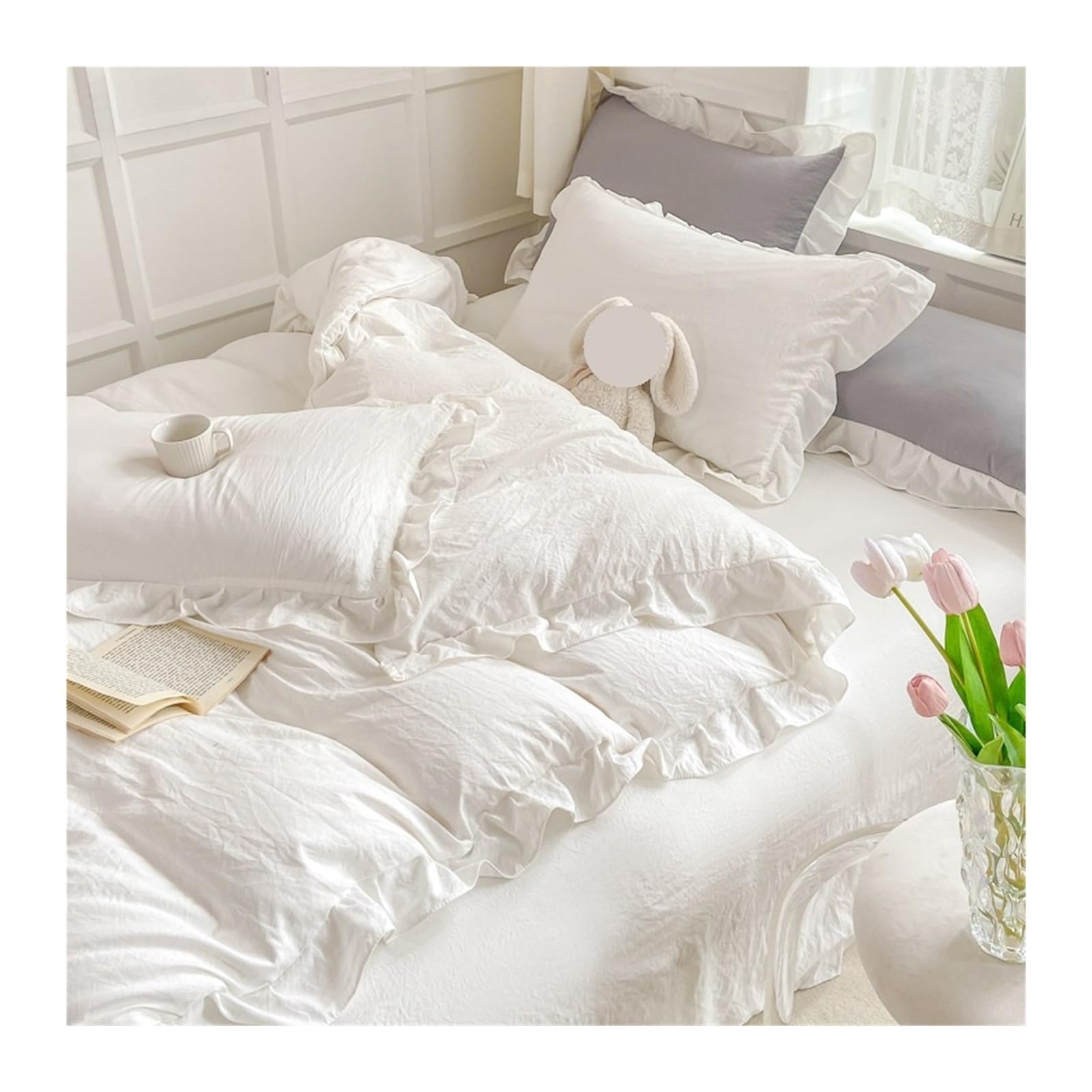 ZHSOAO Duvet Cover Set No Filling Soft Washed Cotton Ruffles Bed Linen Pillowcases for Bed(Color 5,Full 4pcs 180x220cm)