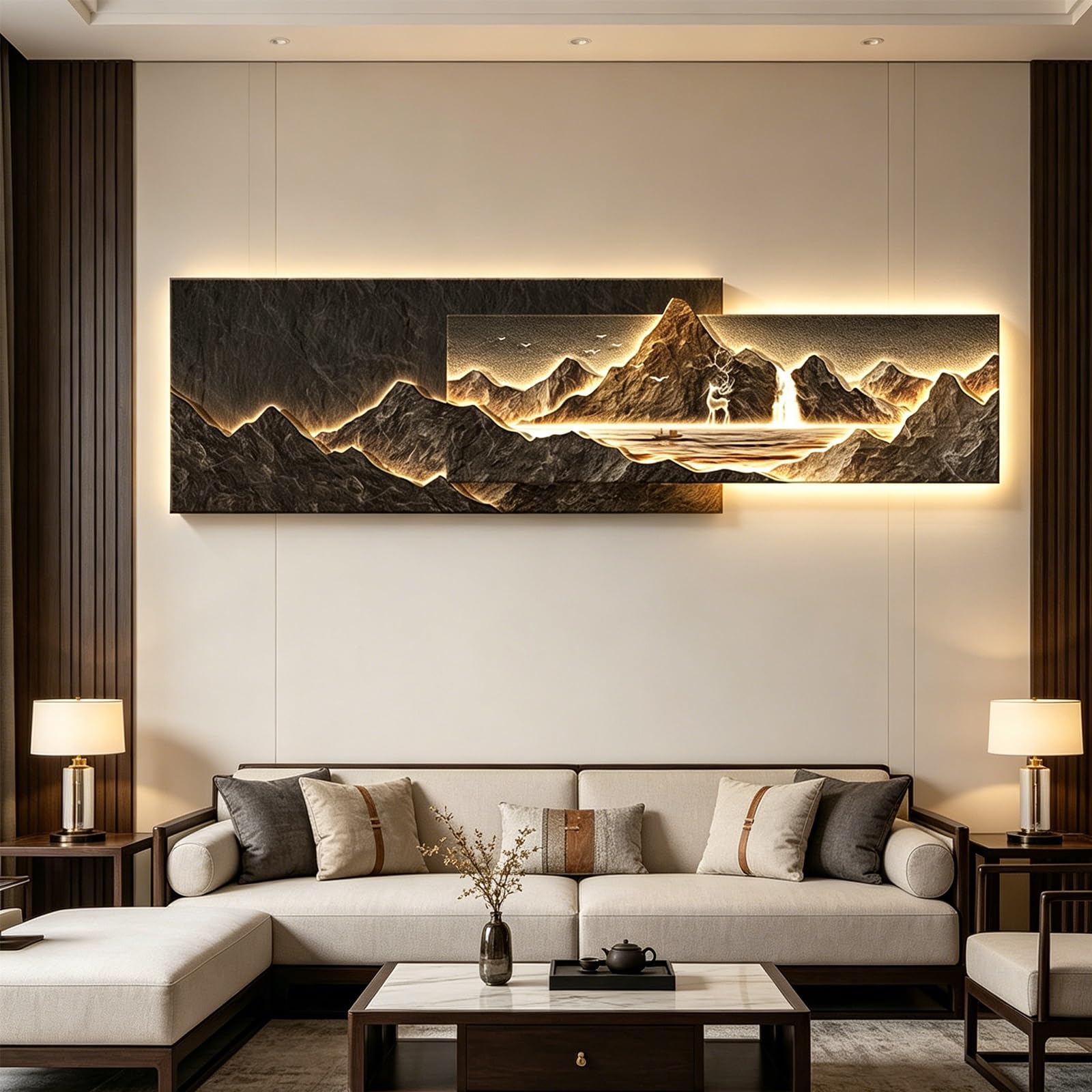 PGZMDTWI 3D Sandstone LED Modern Landscape Wall Art, Decorative Art for Living Room Bedroom Hallway Entrance Home Interior(E,150 * 42CM 9.1 * 16.6IN)