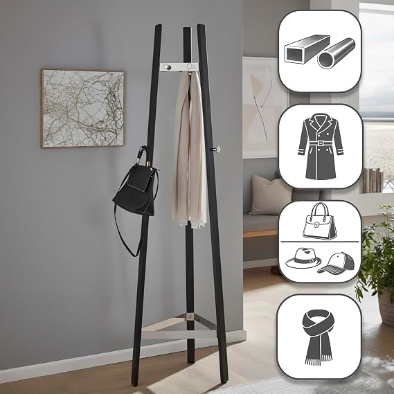 HAKU Coat Stand Chrome Black Metal Standing Coat Rack Dimensions W 47 x H 177 x D 47 cm Style: Modern