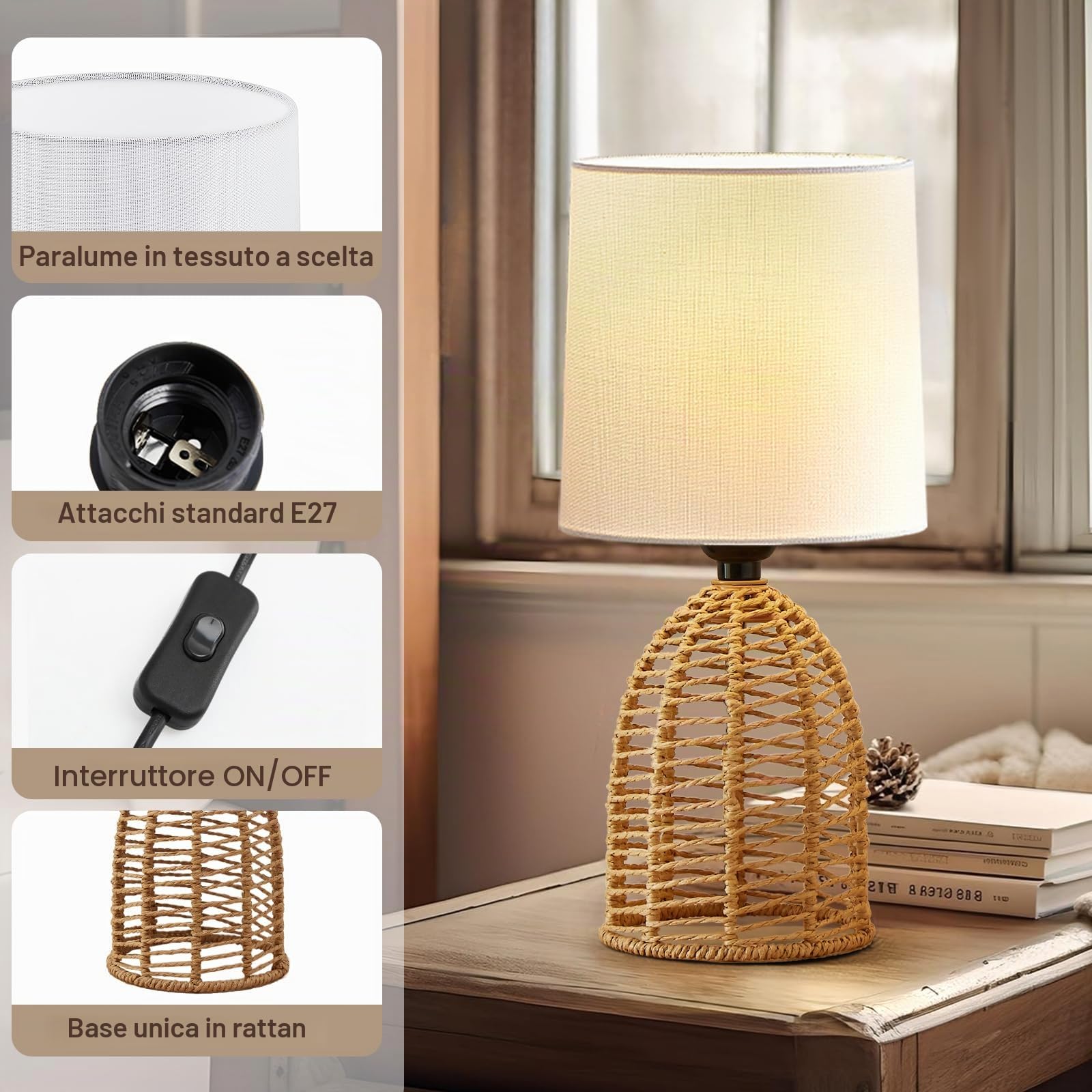 GyroVu Set di 2 lampade da comodino, in rattan, stile boho, attacco E27, piccole lampade per camere, camera da letto, comodino, soggiorno, lettura, lampada da tavolo