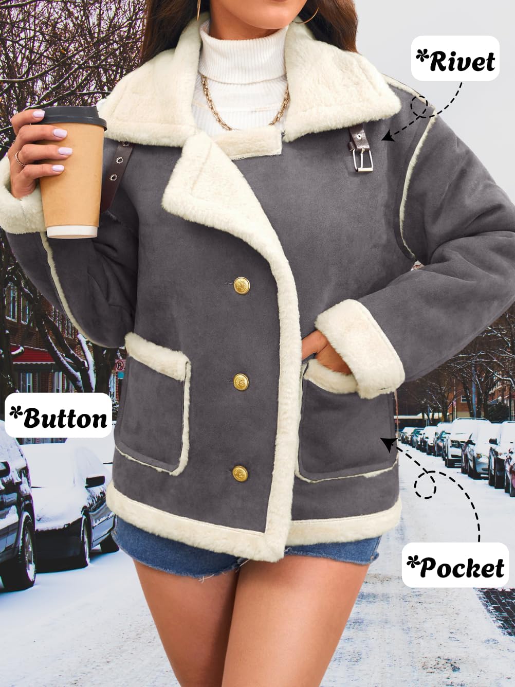 Women's Faux Suede Sherpa Lined Jacket, Oversized Fur Lapel Coat, Winter Warm Outfit Trendy - Image 4