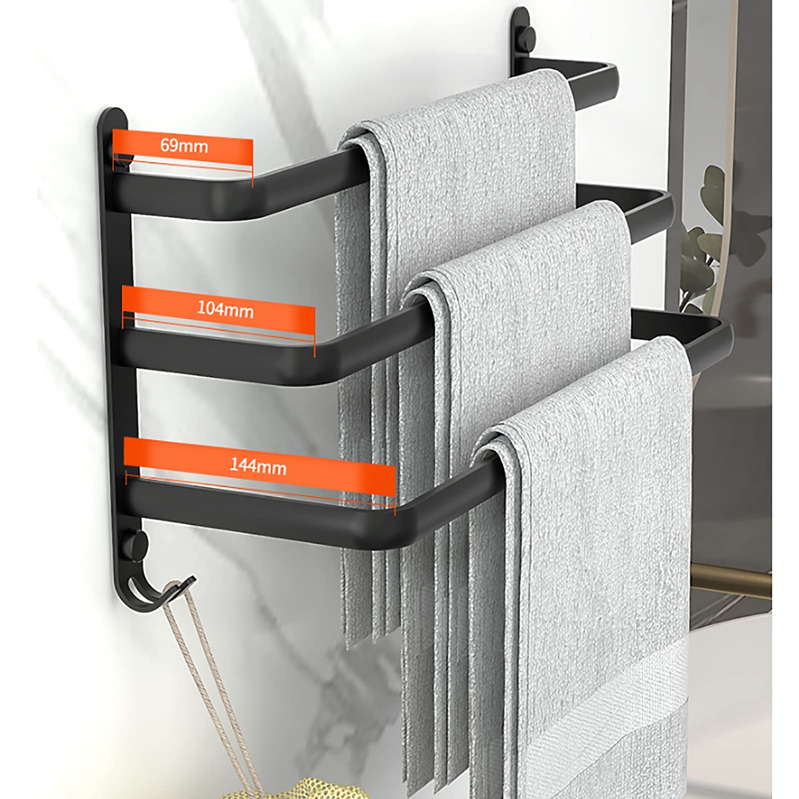 SELICO Toallero de baño con Escalera de 3 Niveles, toallero de Cocina, Hotel, toallero de Ducha, toallero de Aluminio montado en la Pared, Negro mate/60 cm