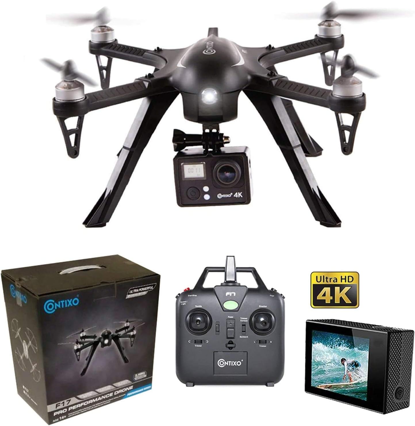 Contixo F17 RC Quadcopter Photography Drone 4K Ultra HD Camera 16MP, Brushless Motors, 1 High Capacity Battery, Mount Compatible with GoPro Hero Cameras (F17 Normal Box)