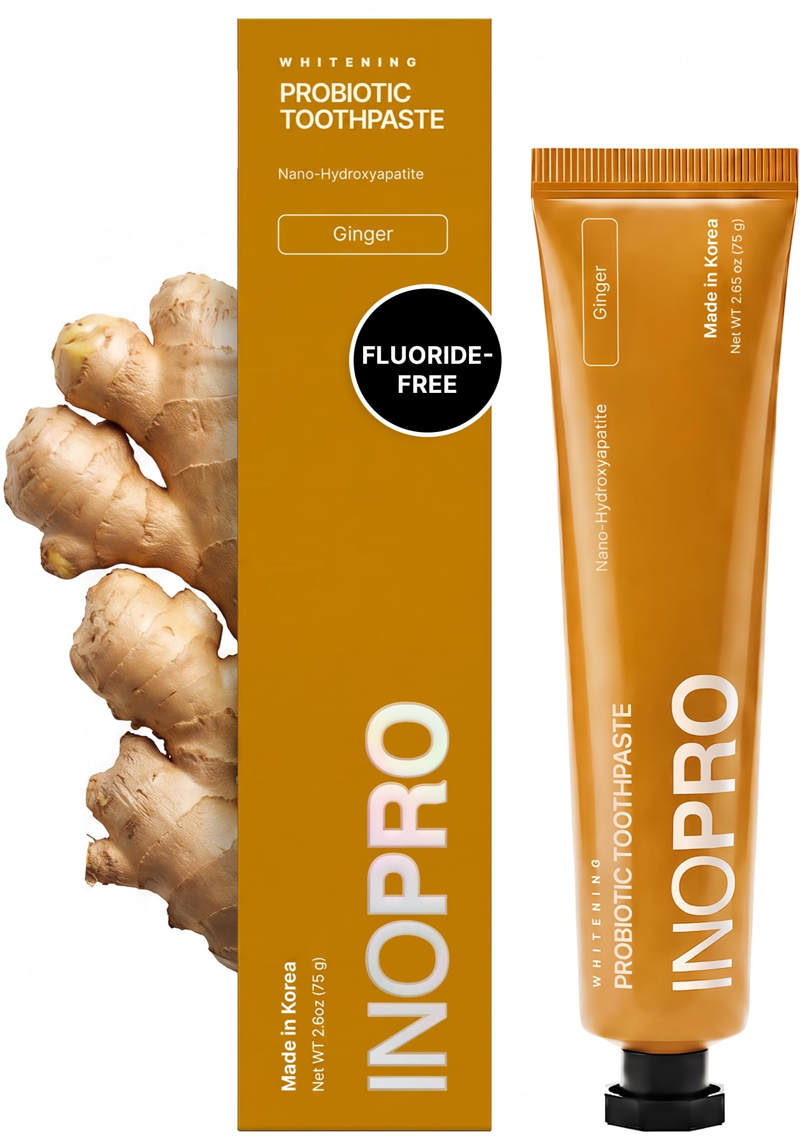 INOPRO Nano-Hydroxyapatite Whitening Toothpaste with Probiotic for Sensitive Teeth, Fluoride Free Enamel Support Toothpaste - Xylitol, Baking Soda, Coconut Oil - Ginger, 2.65oz