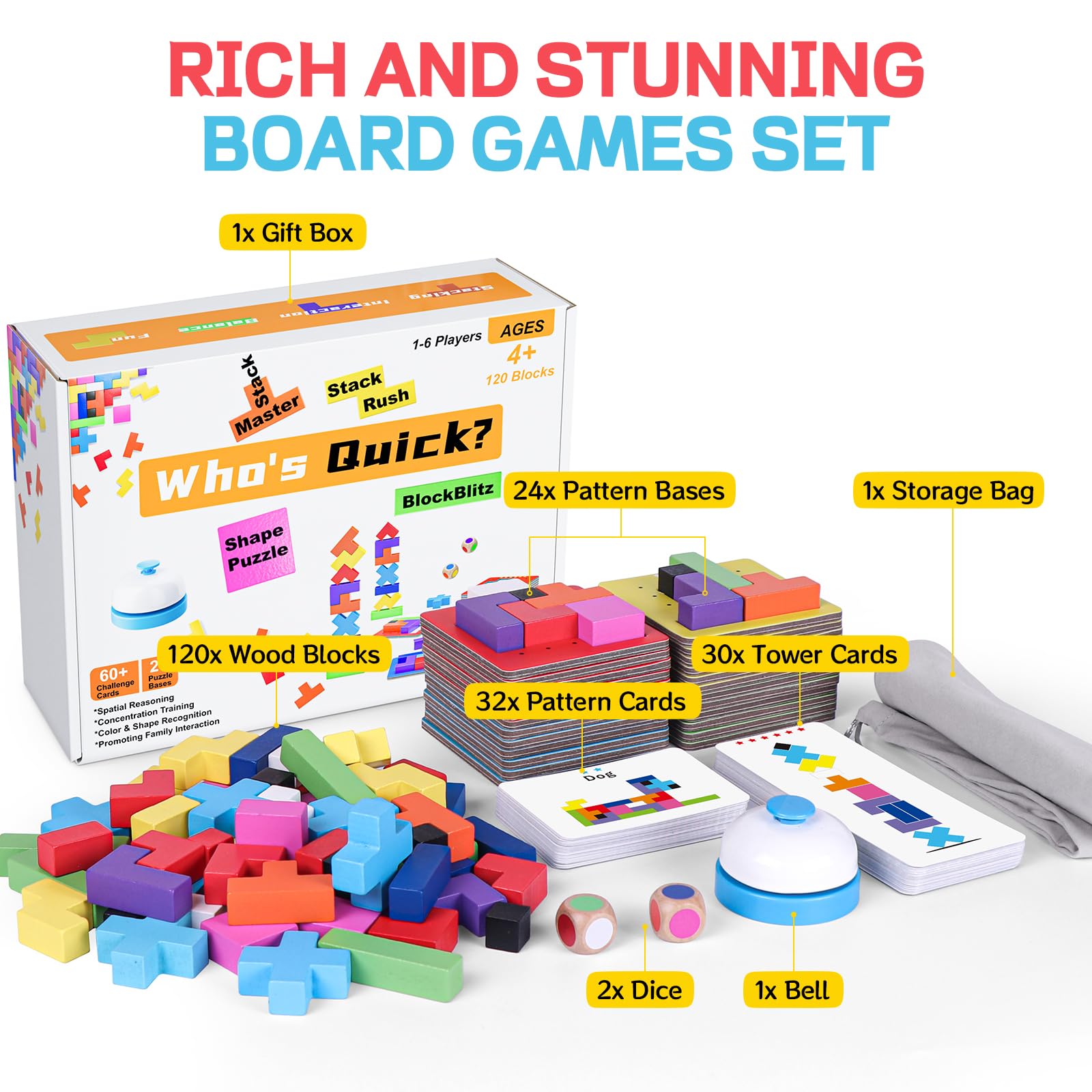 QianShouYan Wooden Block Game 120Pcs Fast-Paced Stacking Building Block Game Challenging Board Games for Kids 1 to 6 Players Color Block Puzzles Party Games for Ages 4+