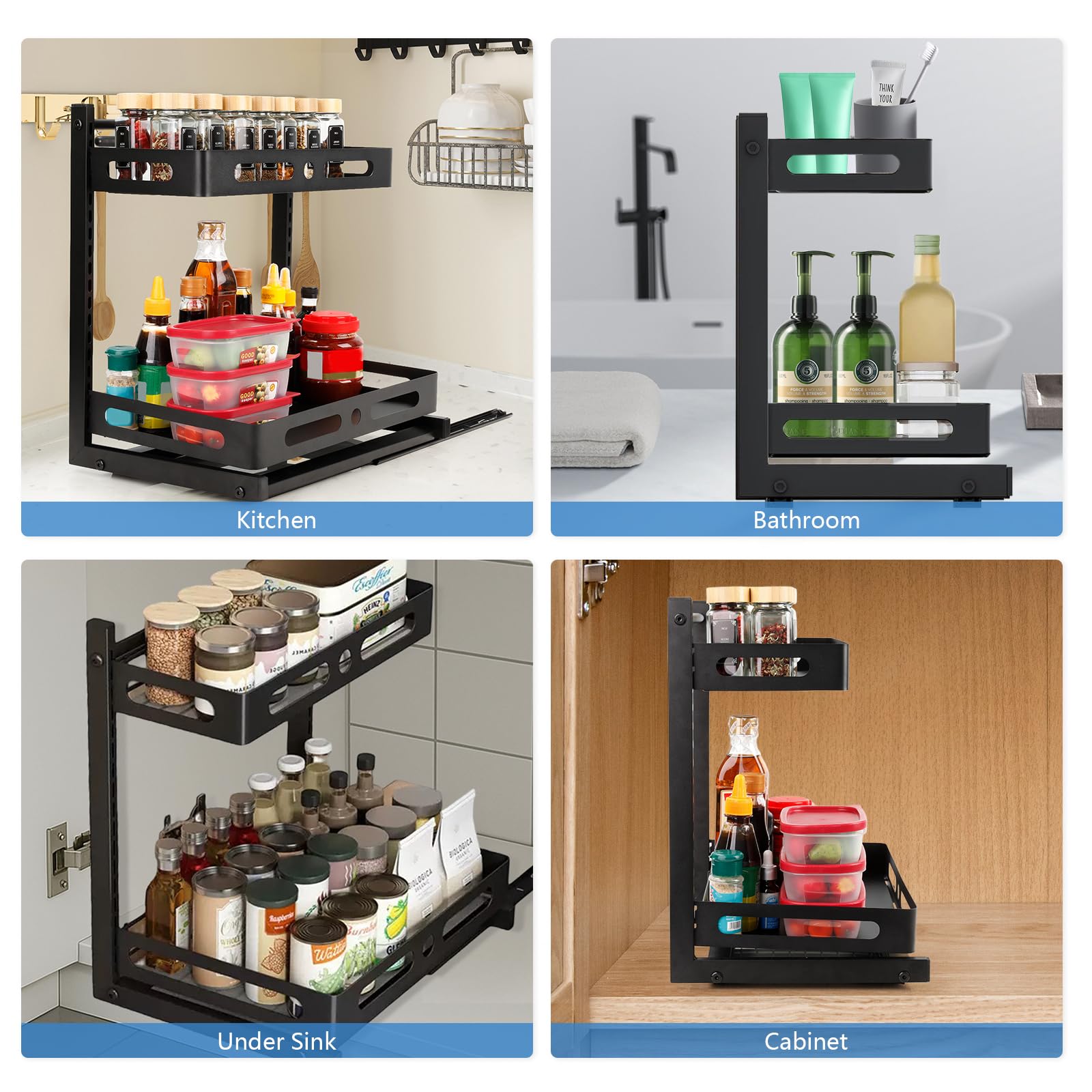 VINATO Rangement sous Evier Cuisine, 2 Niveaux étagère Organisateur Coulissant, Hauteur RéGlable Tiroir, Placard Organisation Pour Salle de Bain, Salle, Meuble, Noir