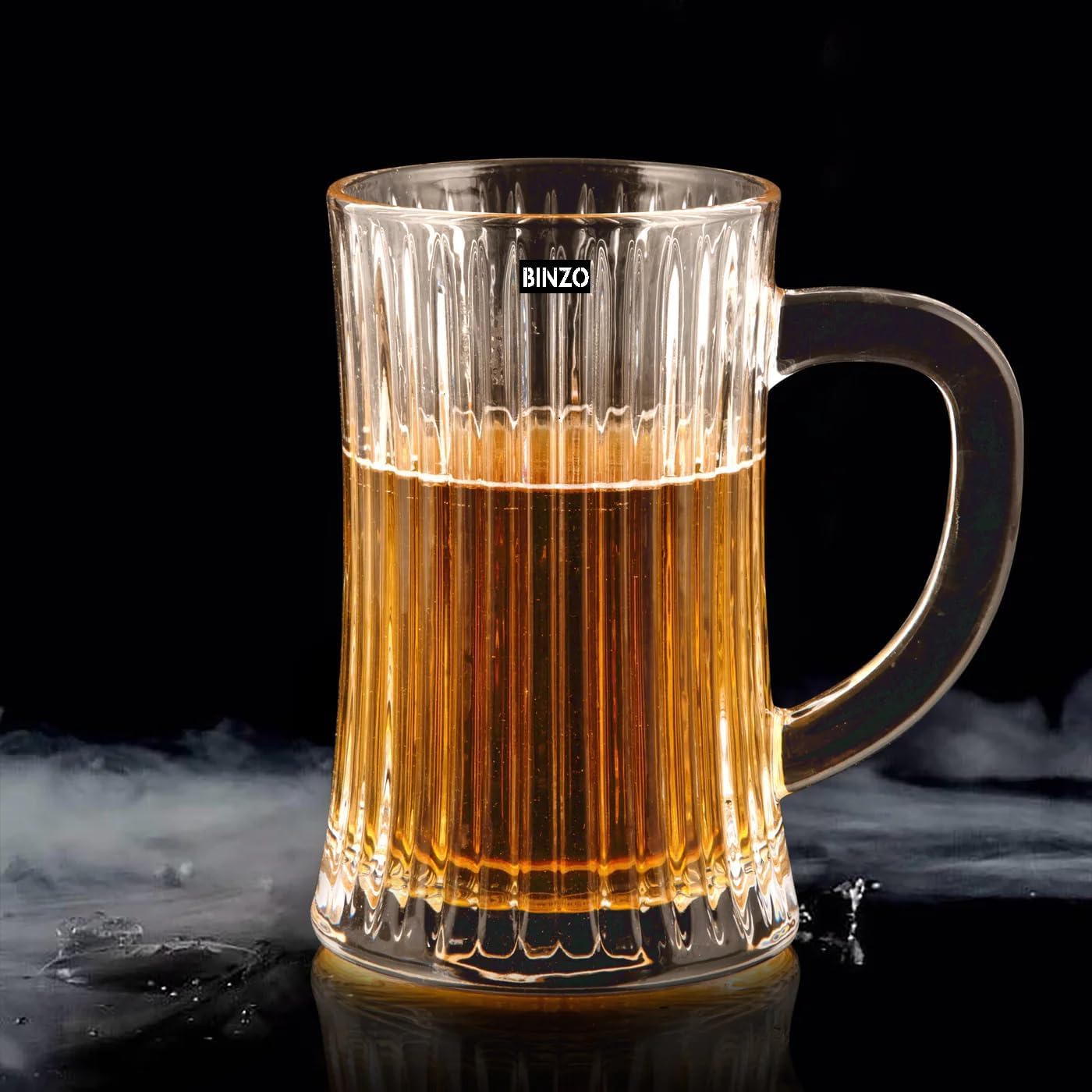 BINZO Glass Premium Beer Mugs With Handle, 500 ml, Set of 6, Line Design Large Heavy Mug for Drinking Wheat Beer, Stein, Ale, Multi-Use Freezer Safe, Pack of 6