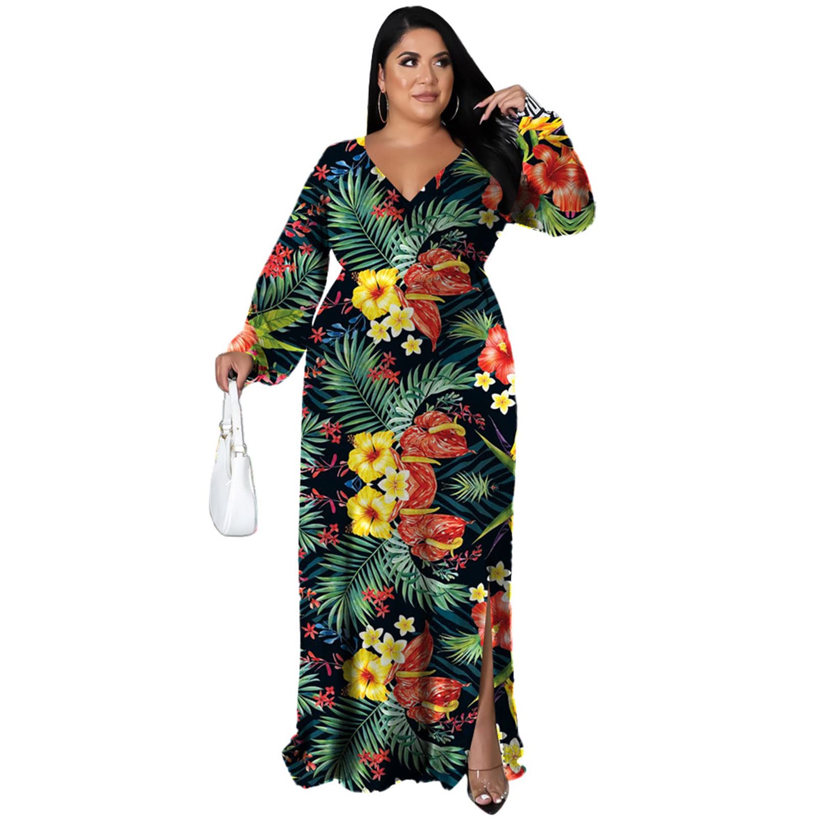 Robe grande taille imprimée décontractée col en V à manches longues