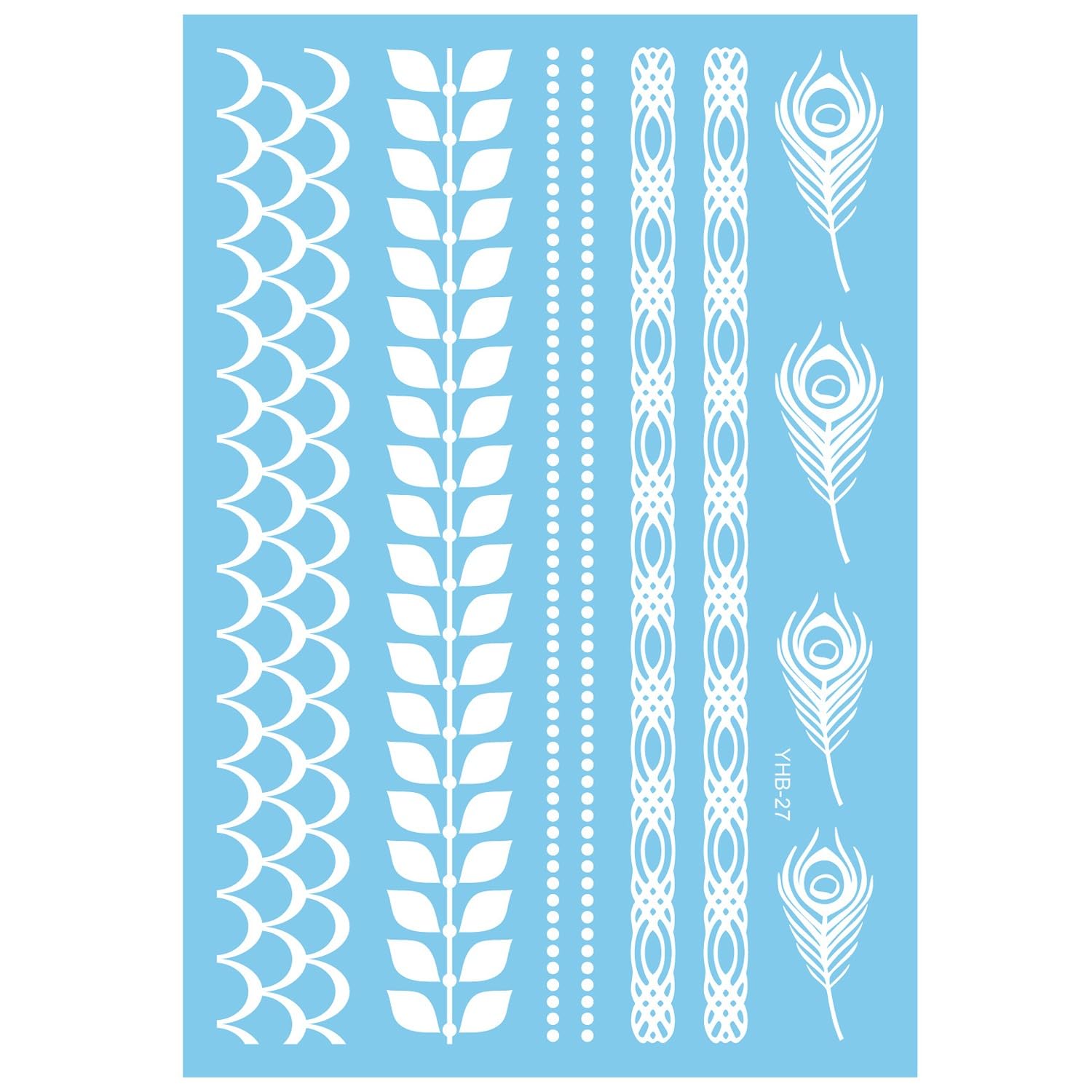 Simply Inked Peacock Feather White Henna Bands Temporary Tattoo Designer Tattoo for Girls Boys Men Women waterproof Sticker Size: 5.92 x 8.4 inch l White l 2g