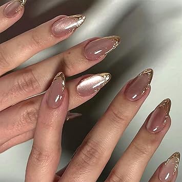 Medium Almond Press on Nails French Tip Full Cover False Fake Nails Press ons Cat Eye Stick on Nail Nude Glitter Acrylic Fake Nail with Golden French Tips Artificial 24Pcs Reusable for Women