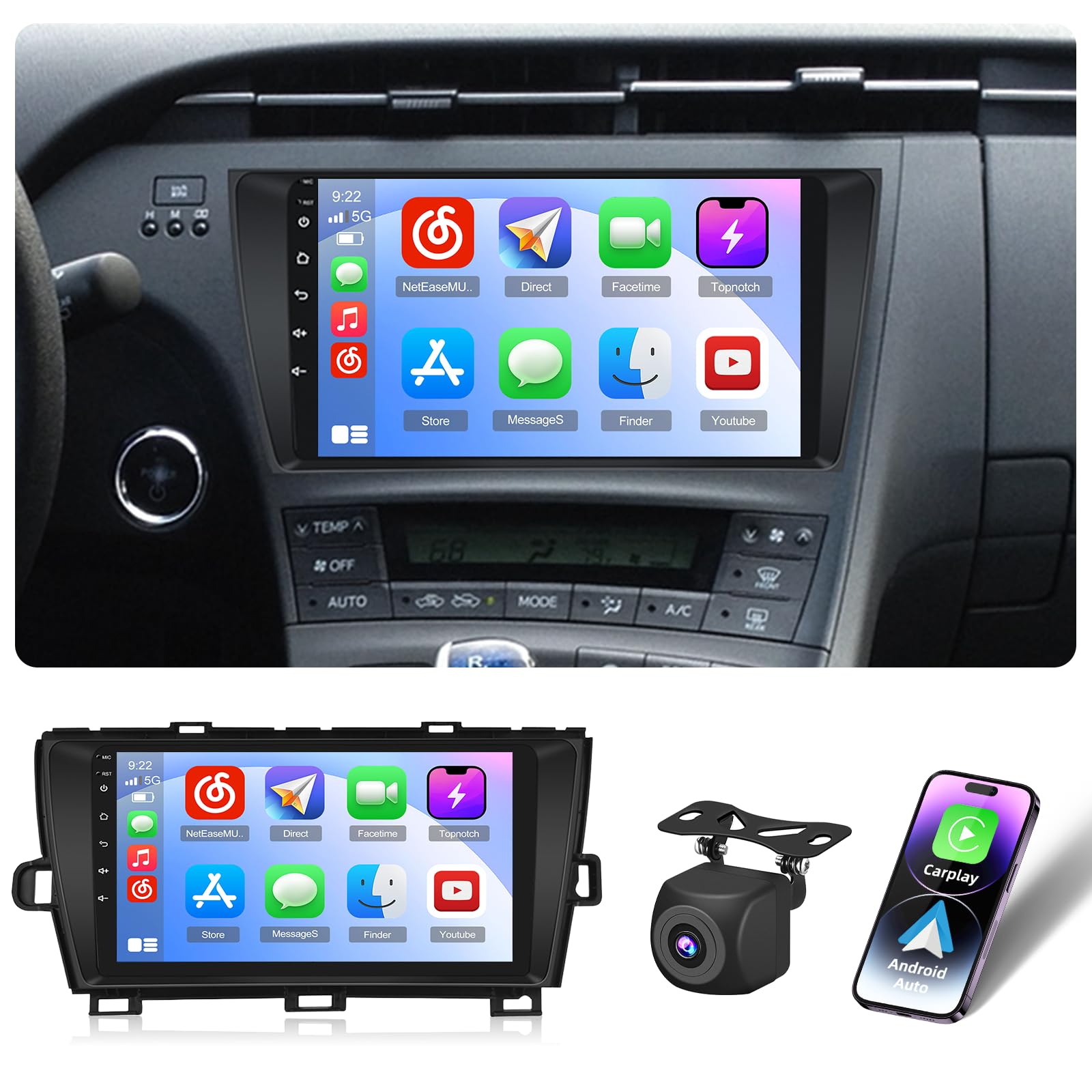 Roinvou 4+64G Car Radio for Toyota Prius 2010 2011 2012 2013 2014 2015, 9" Touch Screen Carplay Android Auto with Bluetooth5.0 32EQ 1280 * 720