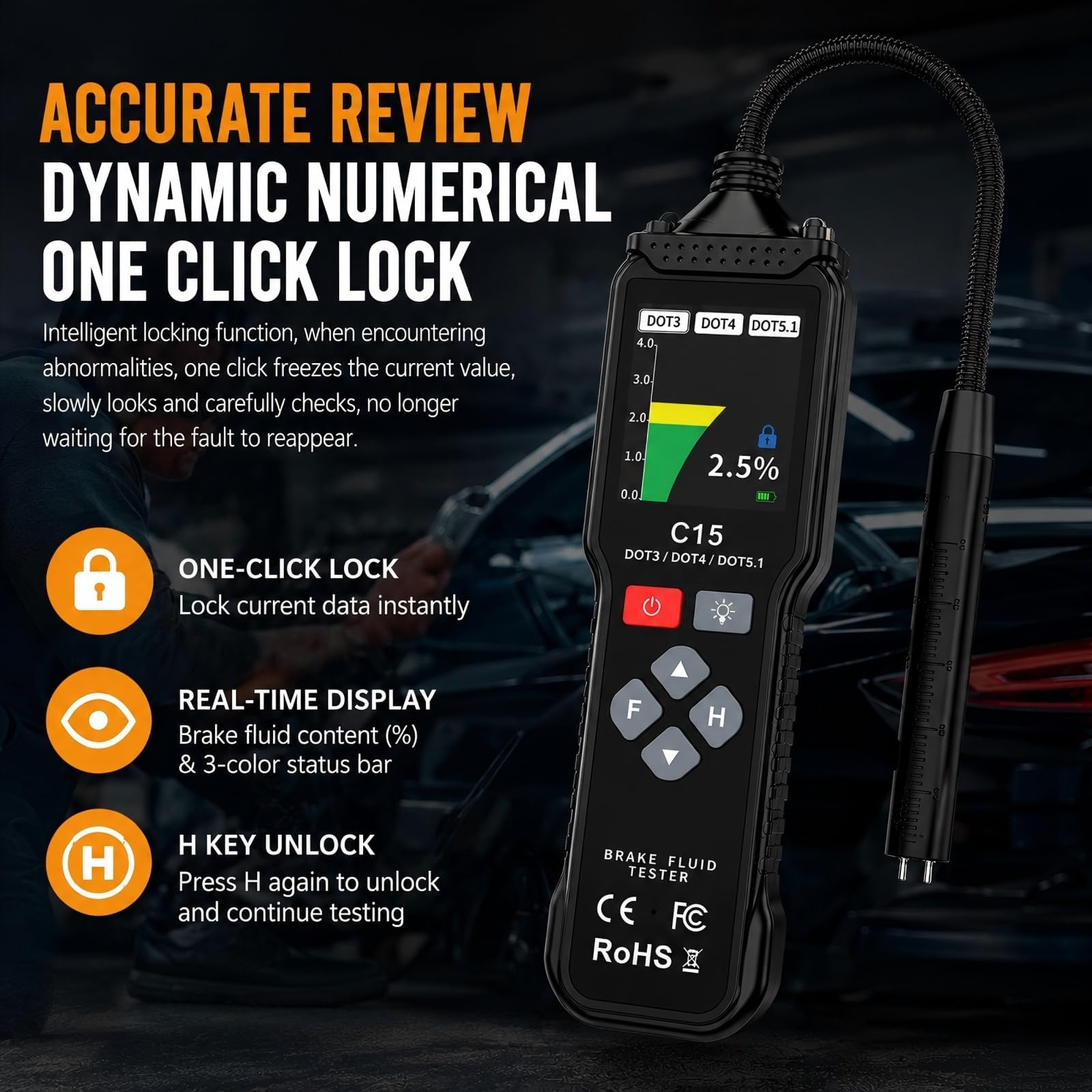 Tester per Freni per MG Cyberster 2025 | Rilevatore Liquido Freni Auto Schermo Digitale Diagnostica Qualità Olio Sonda Flessibile Analizzatore Strumento
