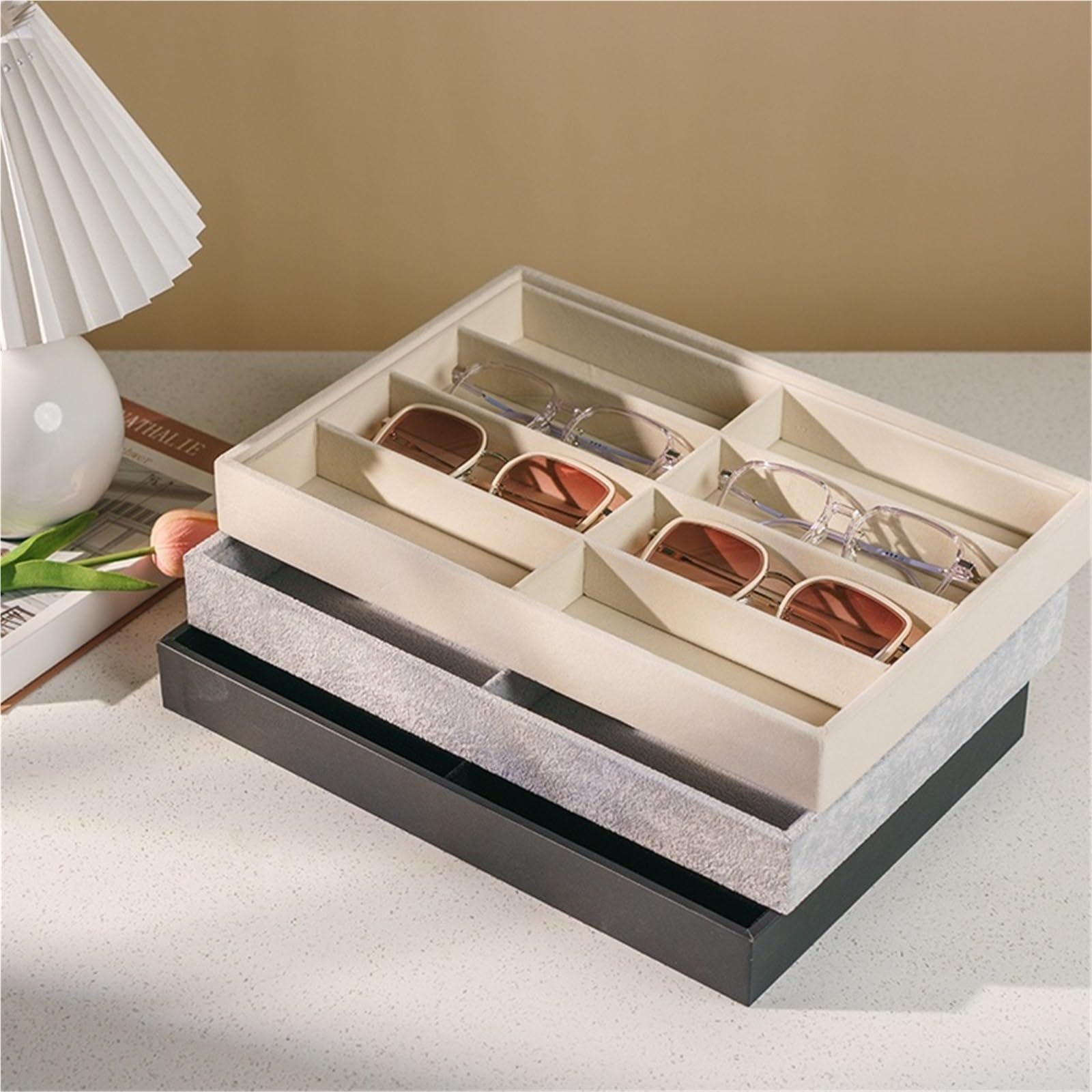 Porta Occhiali per Casa Porta Occhiali da Sole A 8 Scomparti, Organizer for Occhiali da Vista, Espositore con Coperchio Organizer Occhiali da Sole(White)