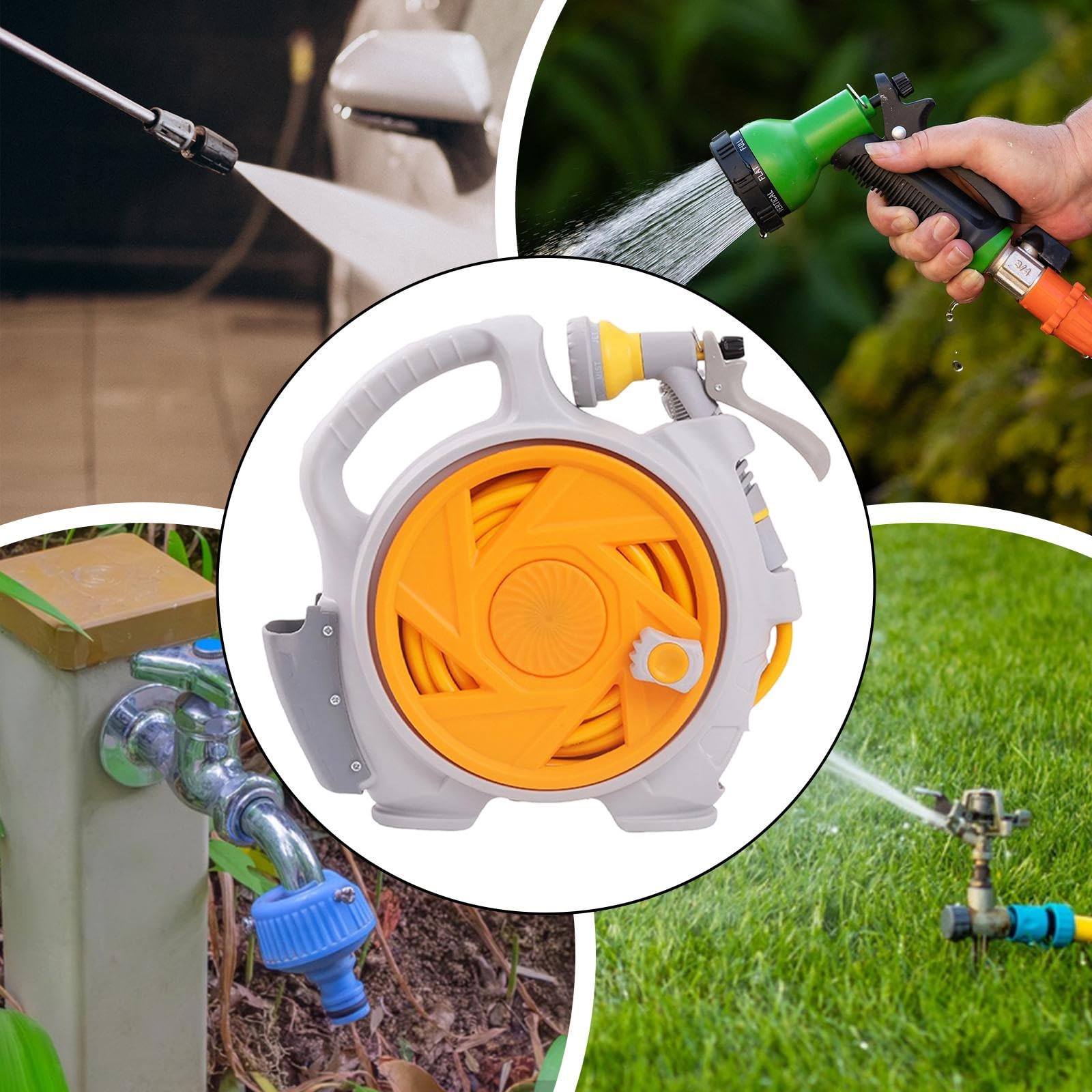 Carro Portamanguera de Jardín con Enrollador Compacto Organizador Soporte Pulverizador Material PP Adecuado para Lavado de Autos Limpieza de Ventanas, Amarillo