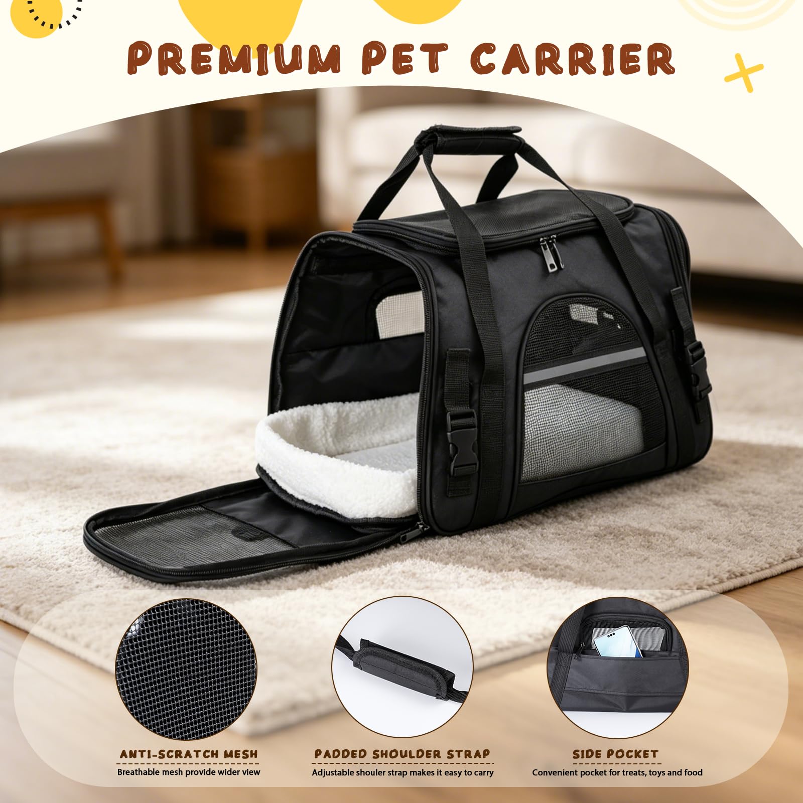 Romon Transportín Gato Perro, Transportin Pequeño Cat Carrier, Bolsa Transporte Transpirable para Mascotas con Colchón Suave, Plegable Bolso Gatos Cachorros Gatitos de 6Kg, 17.3x11x9.8 Inch, Negro