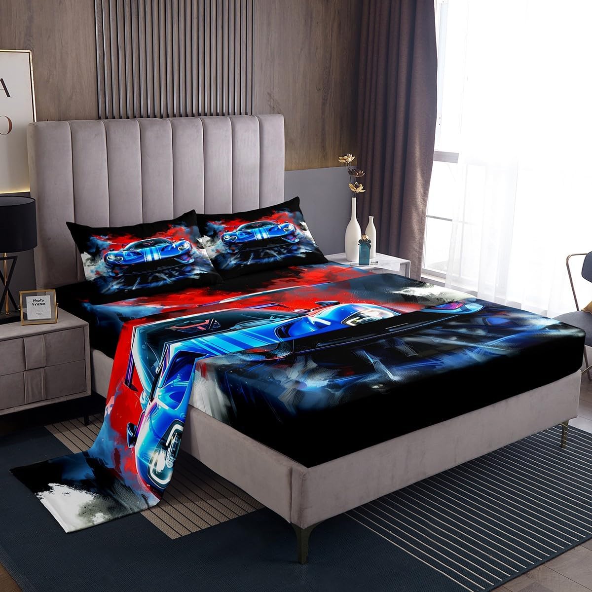 Erosebridal Toddler Boys Race Car Queen Size Bed Sheets,Extreme Sports Gaming Themed Sheets with Aqua Teal Gradient Stripes & Black,Cool Speed Carro Racing Car Kids Room Decor Bed Set for Kids Teen