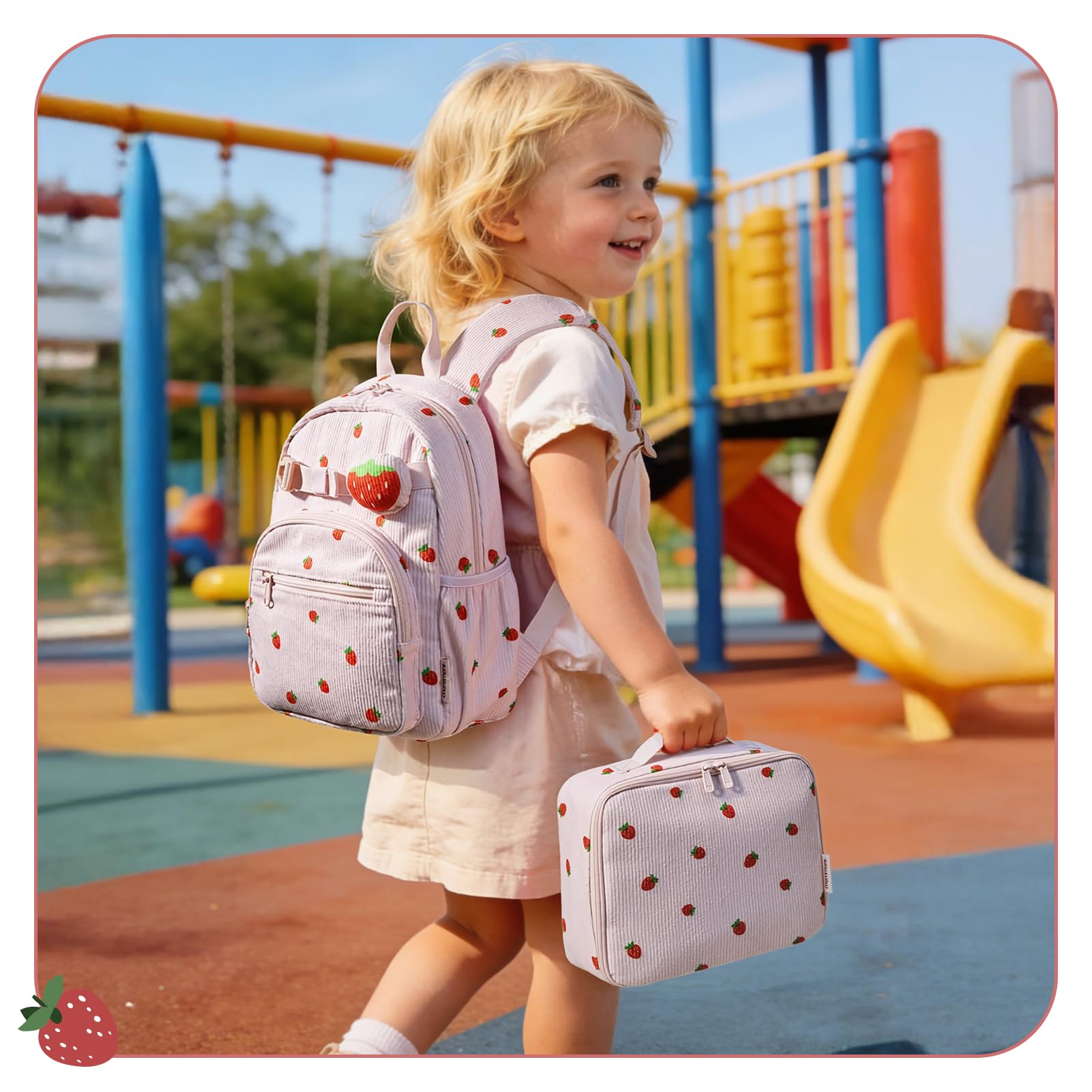 mommore Corduroy Toddler Backpack for Girls 2-4, Kids Backpack with Lunch Box, 13" H Preschool Kindergarten Backpacks for Girls - Strawberry - 2