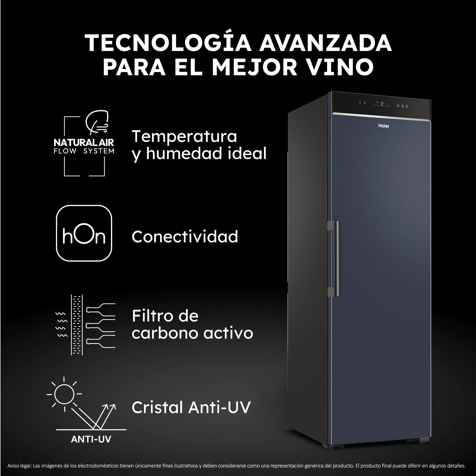 Haier Wine Cave 60 Series 7 HWS247FAH1 Vinoteca de 247 botellas con Tirador, WIFI, Estantes de madera, Filtro de carbón, Refrigeración por Compresor, Display Digital, Iluminación LED 3D, 35dbA, Negra