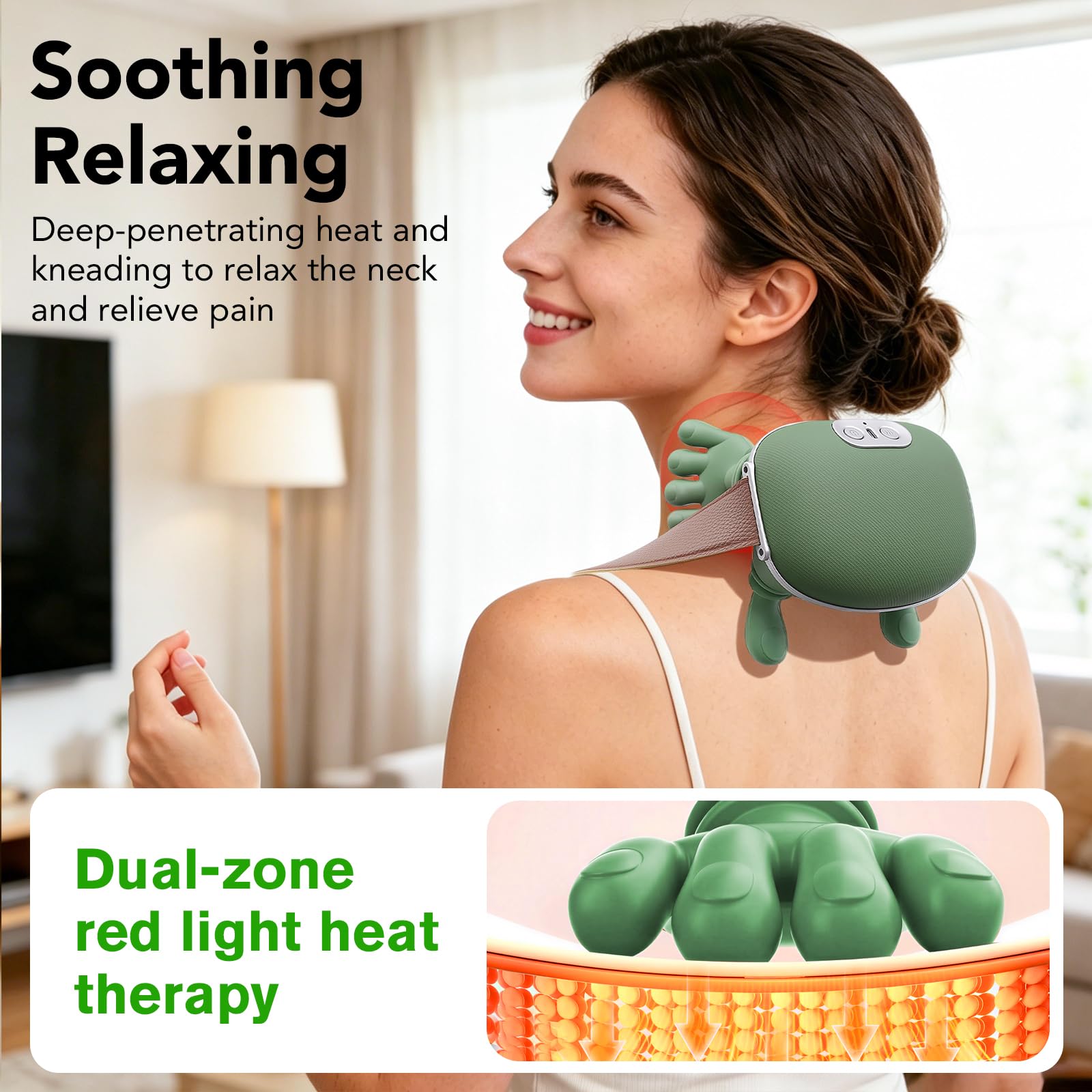 4D Masajeador Cervical y Espalda, Masajeador de Hombros para Cuello y Hombros con Función de Calor, 3 Velocidades, 2 Niveles de Calor (30°C/40°C), Masajeador para Casa/Oficina/Viajes/Regalos, Verde