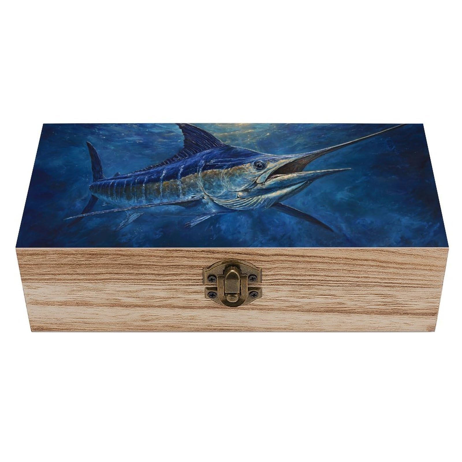 HLBSDM Marlin Swimming Moonlitght Wooden Storage Box Craft Memory Keepsake Treasure Chest Box Jewelry Organizer