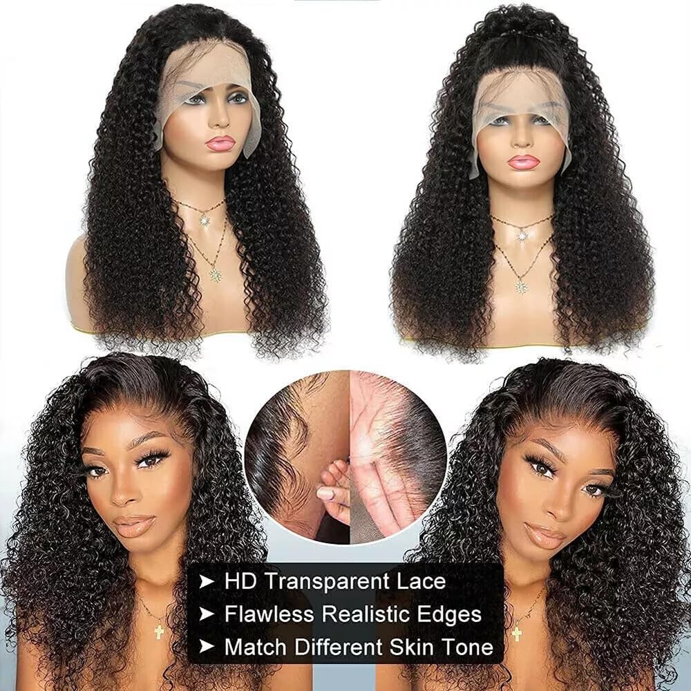 Urshiney 13x4 Lace Front Wig Human Hair Kinky Curly 20 Inch Pre Plucked with Baby Hair Free Part Swiss Transparent Lace Wig for Black Women 180% Density Natural Color - Image 4