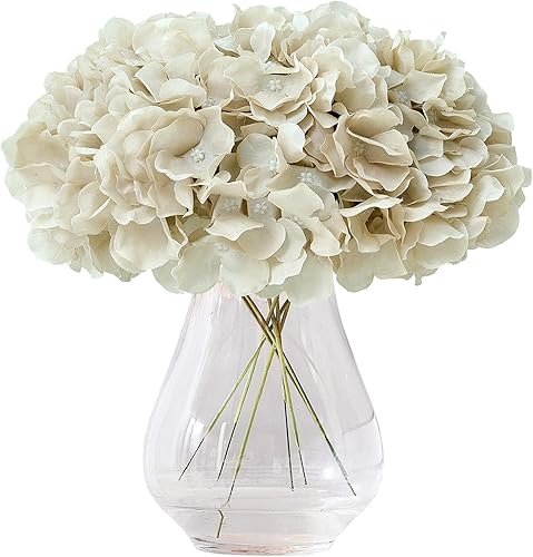 10 piezas de flores artificiales de hortensia beige, cabezas de flores de seda falsas, flores de seda completas con tallos para decoración de boda,