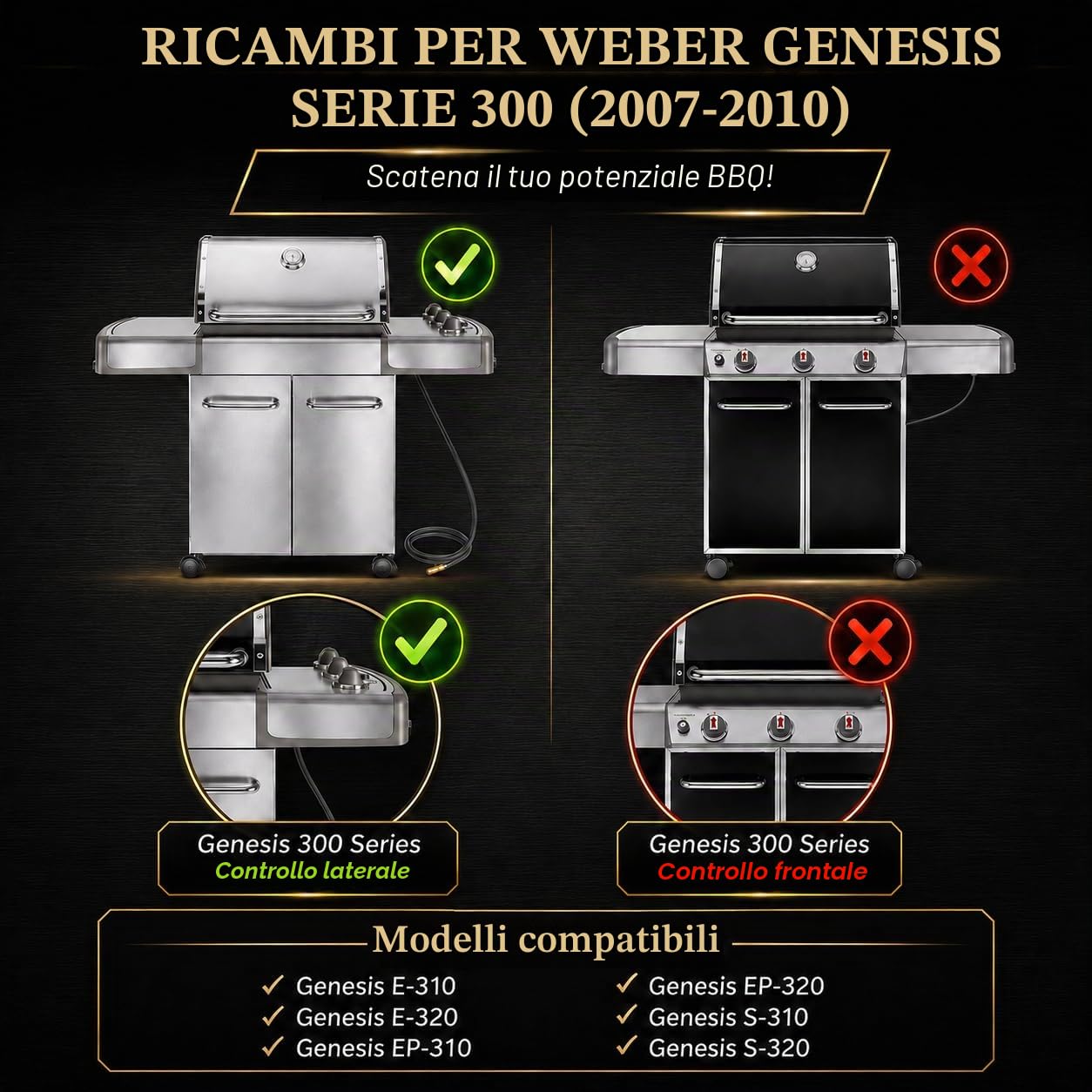 QuliMetal 67722 - Bruciatori per Weber Genesis E310, E320, S310 e S320 | Ricambio in acciaio inox 304 per griglie Genesis 300 con controllo laterale, 2007-2010; sostituisce Weber 67722 e 67820