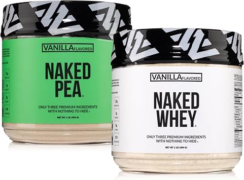 NAKED Vanilla Whey + Vanilla Pea Protein Bundle مصل اللبن الذي يتغذى على العشب 1 رطل، 12 حصة وبروتين البازلاء النباتي المعزول 1 رطل - نمو العضلات والتعافي والعافية