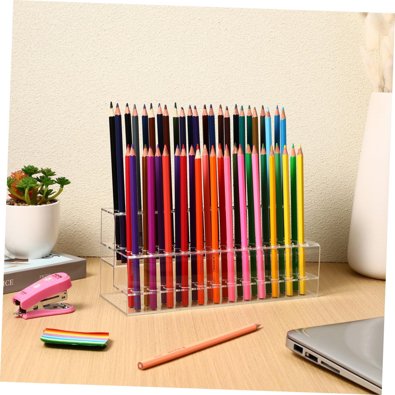 OSALADI Portapenne Trasparente in Plastica 2 Livelli 48 Stand Organizer per Pennelli e Articoli da Scrivania Design Salvaspazio per Casa e Ufficio