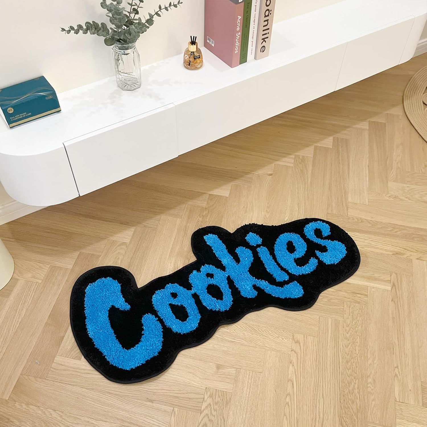 LAKEA Handmade Cookies Tufted Rug for Bedroom Irregular Shaped Tufted Carpet Mat Soft Plush Room Decoration (39.4X17.7inch (100X45cm)) (Blue)